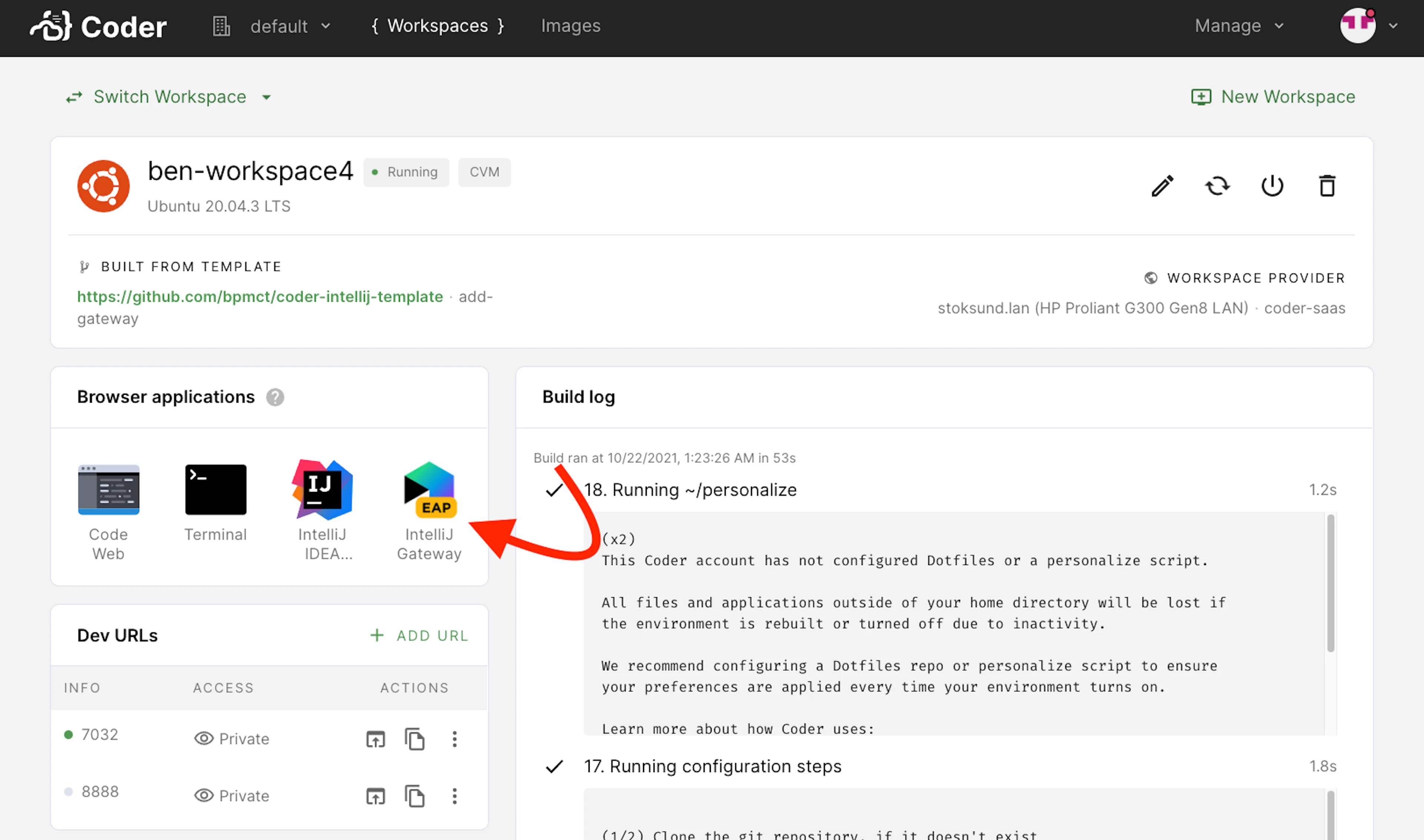 Screenshot of Build Log in the Coder interface