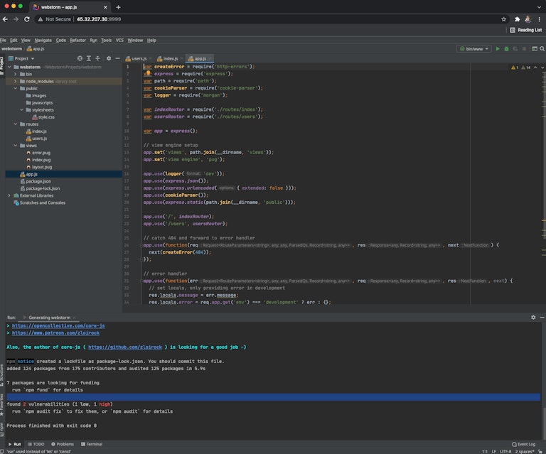Screenshot of IDE connected via web browser