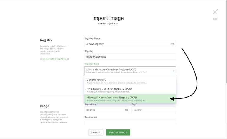 Adding an ARC registry in Coder. Additional authentication options can be managed in the Admin panel