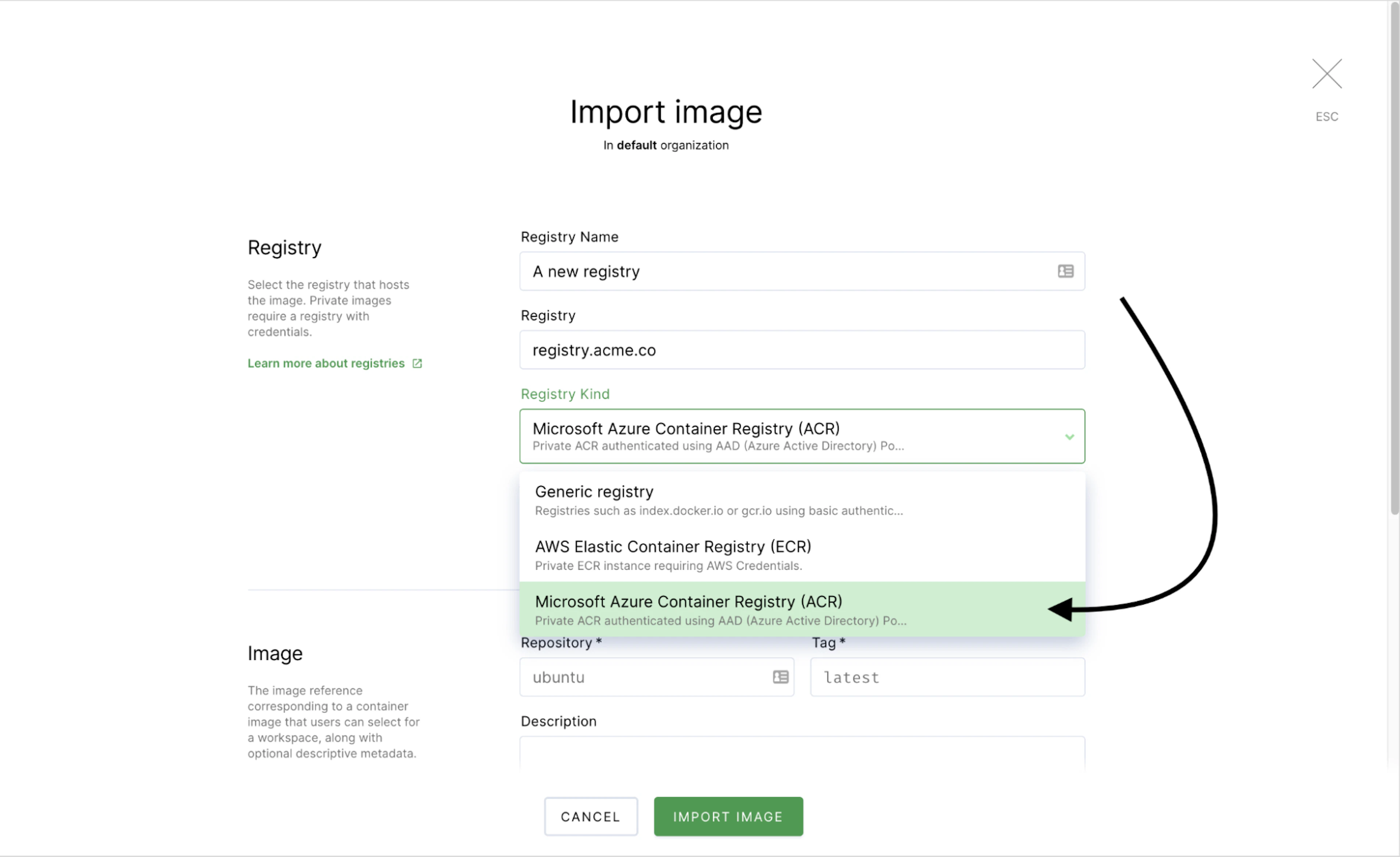 Adding an ARC registry in Coder. Additional authentication options can be managed in the Admin panel