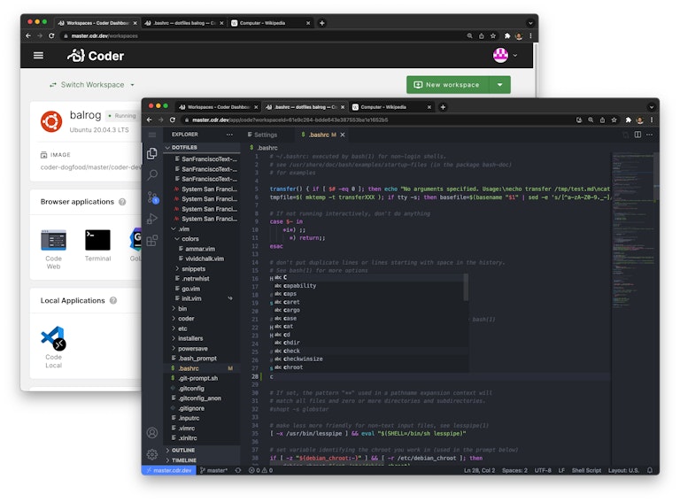 Coder dashboard and open editor