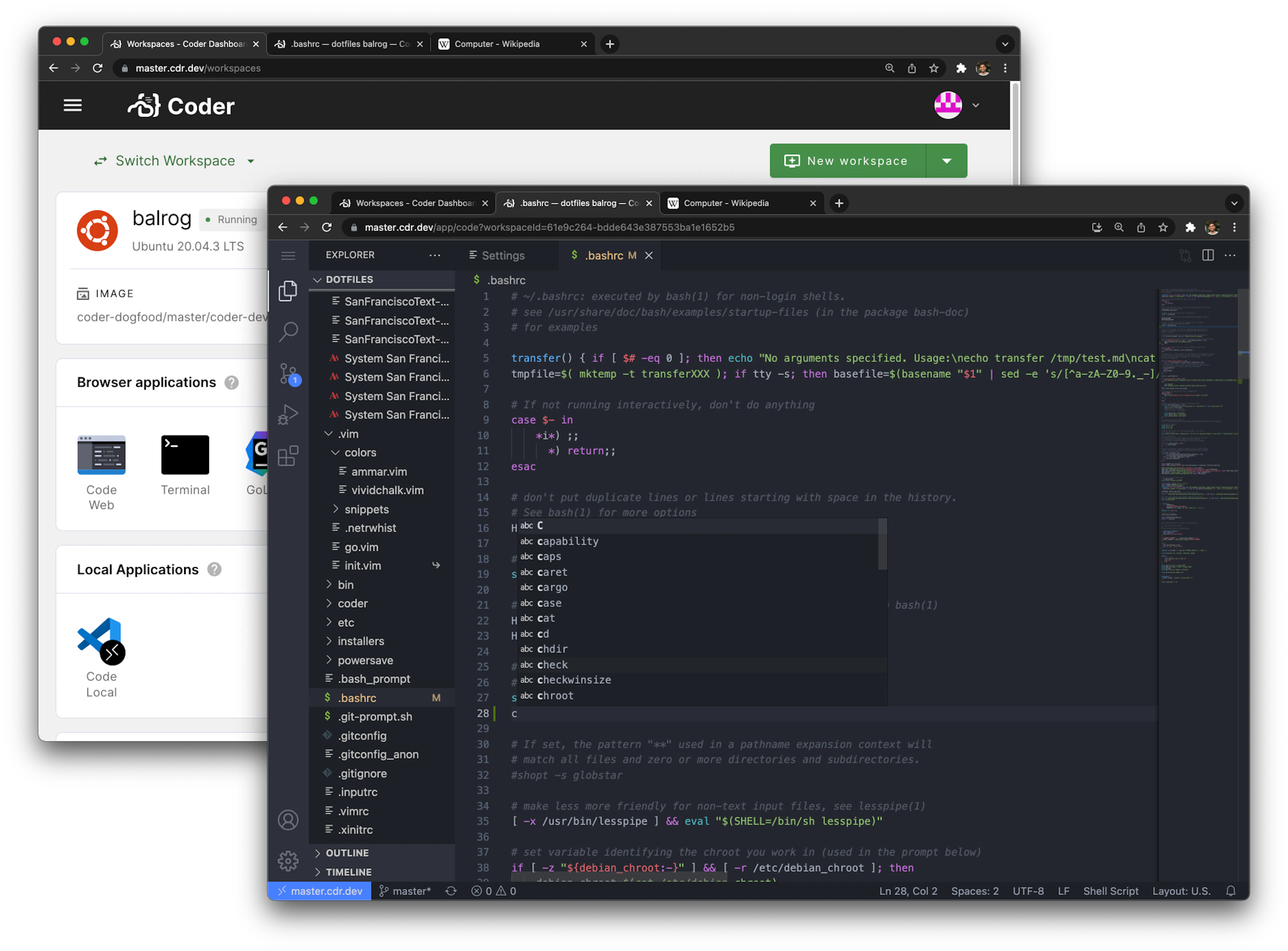 Coder dashboard and open editor