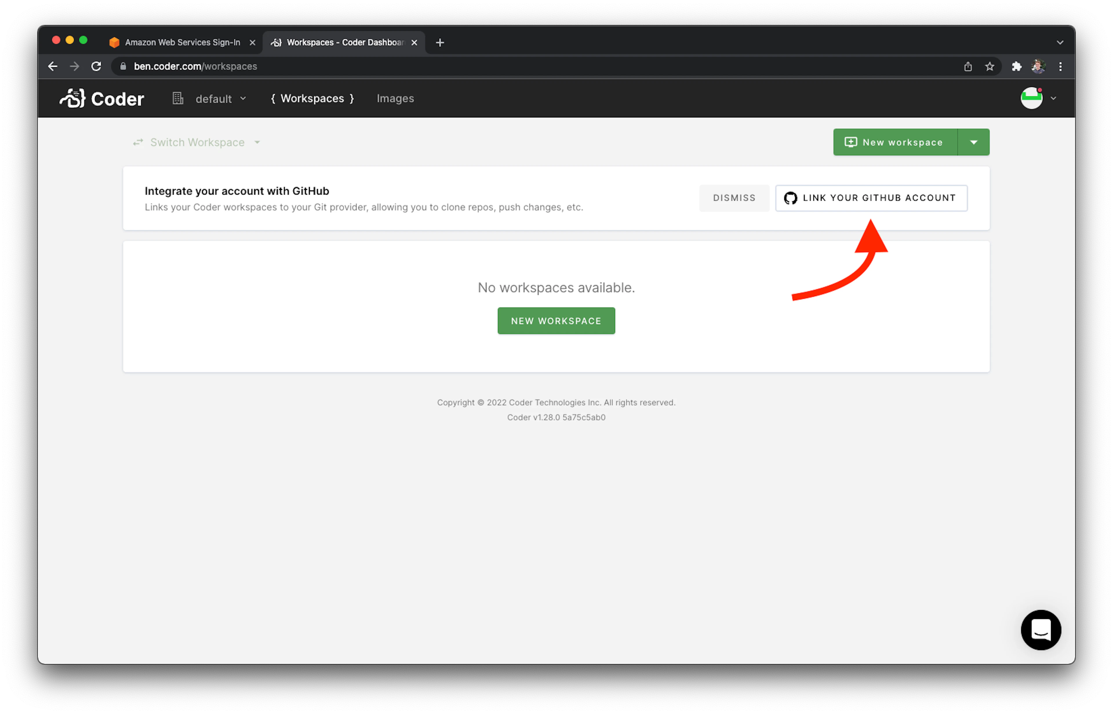 "Link your GitHub account" button in Coder