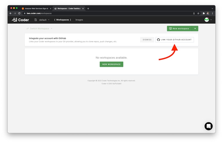 "Link your GitHub account" button in Coder