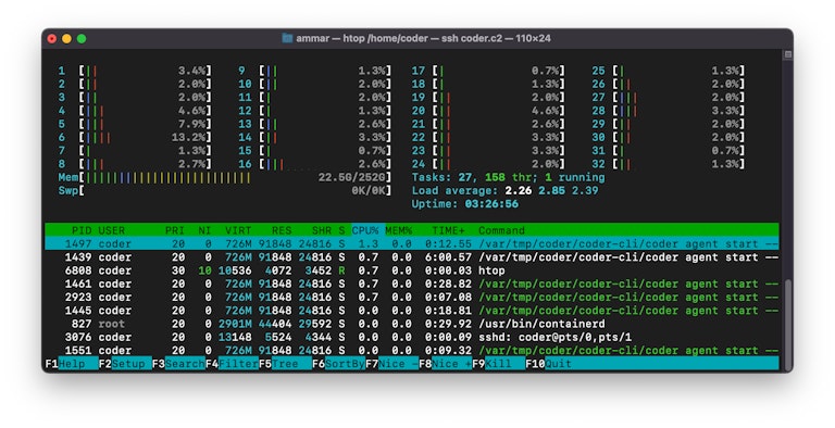 htop on a powerful Coder workspace