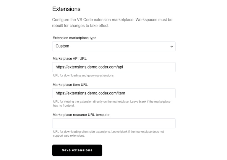 Configuring a custom, air-gapped extension marketplace in the Coder dashboard