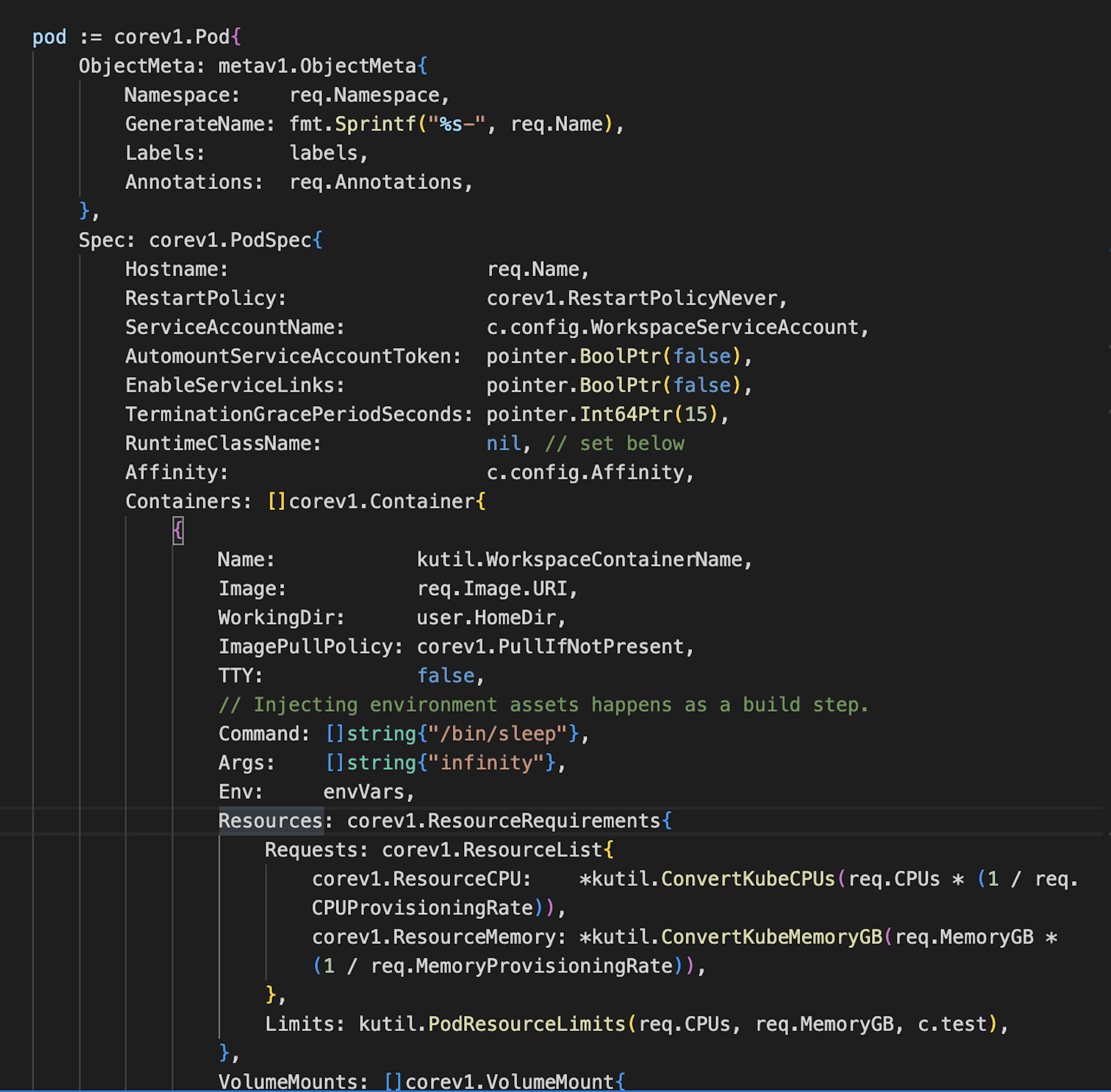 v1 Go source code creating the pod spec