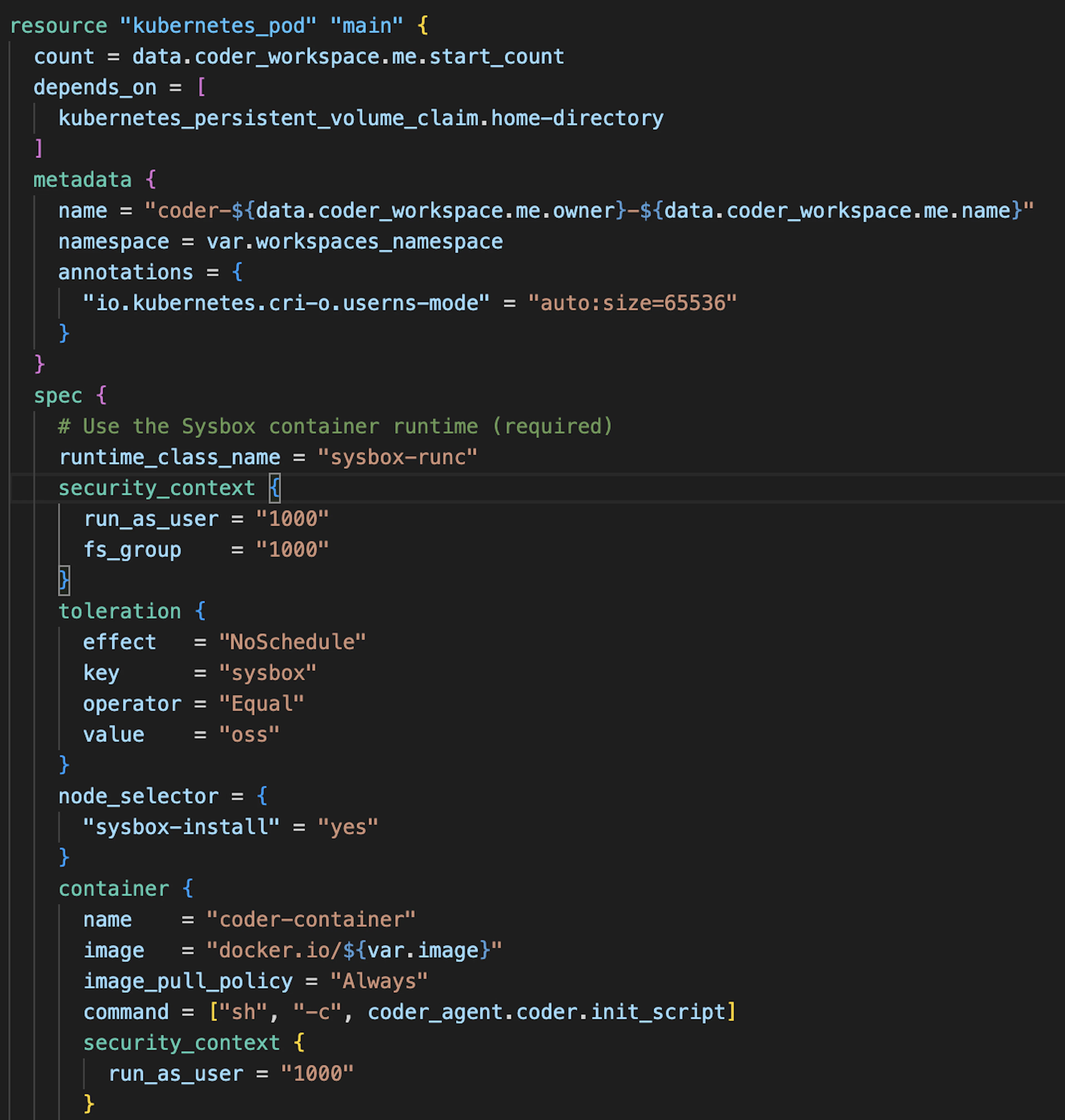 The Kubernetes pod spec in a Coder Terraform-based template