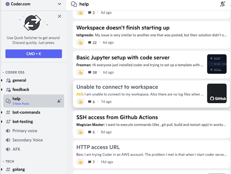 Coder's Discord channel for collaboration and technical Q&A