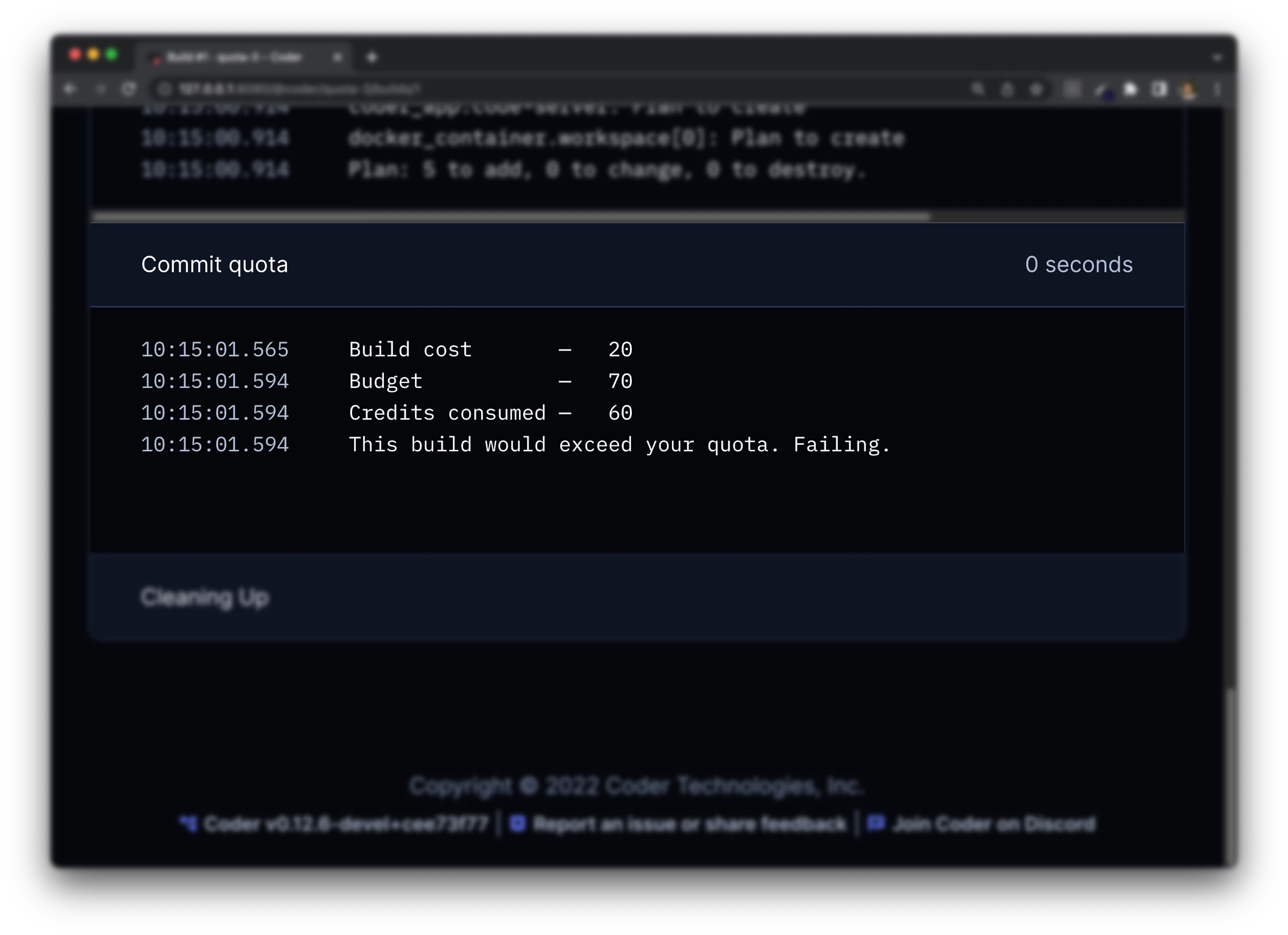 Coder workspace build log