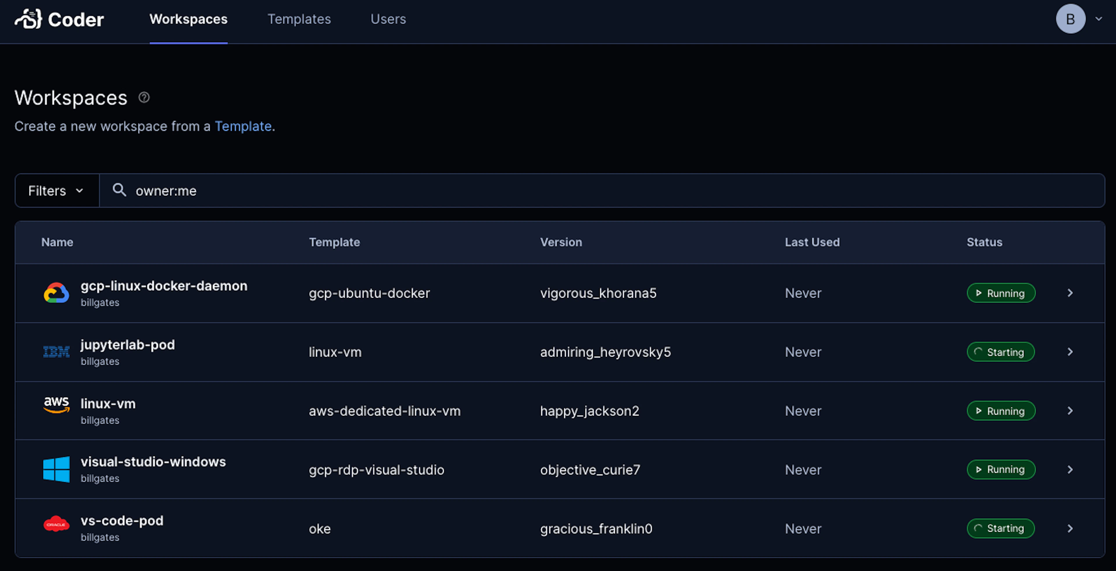 The 5 major public cloud providers running development environments in a single Coder deployment
