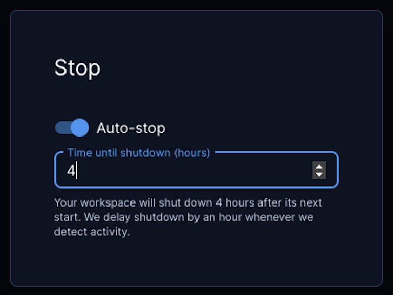 The Coder development environment UI, where the auto-stop is set to 4 hours