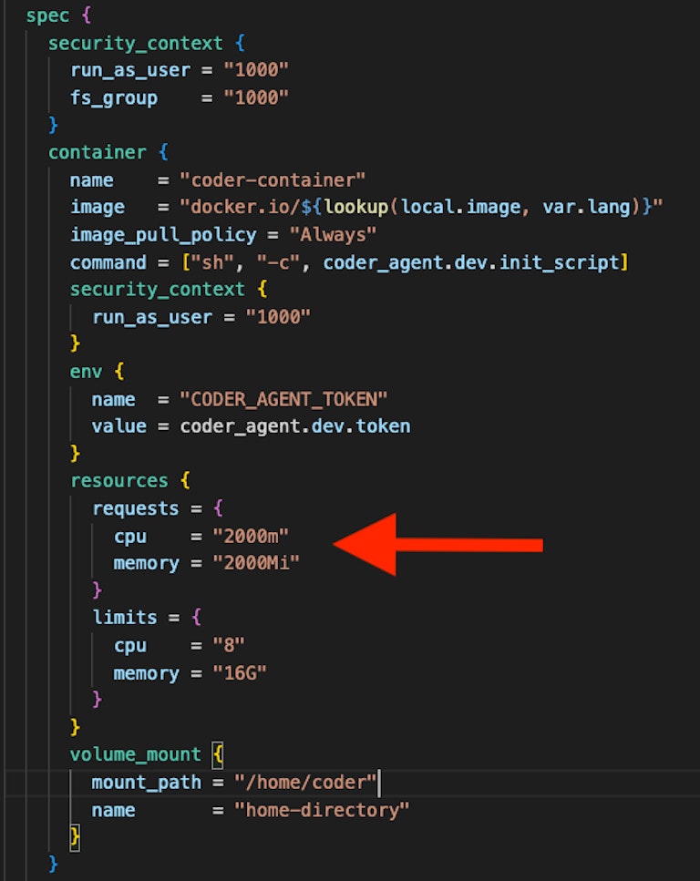 A Coder Terraform-based template configured to initially give 2 CPU cores and 2 GiB of memory, but burst-able to 8 CPU cores and 16 GiB of memory.