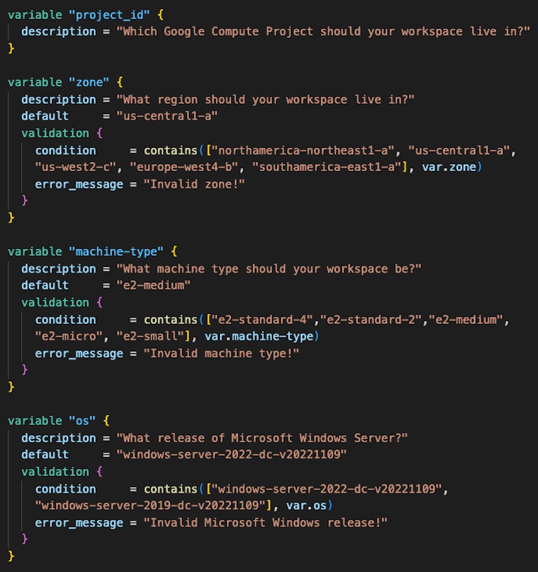 The Terraform template section for cloud, Windows and IDE inputs