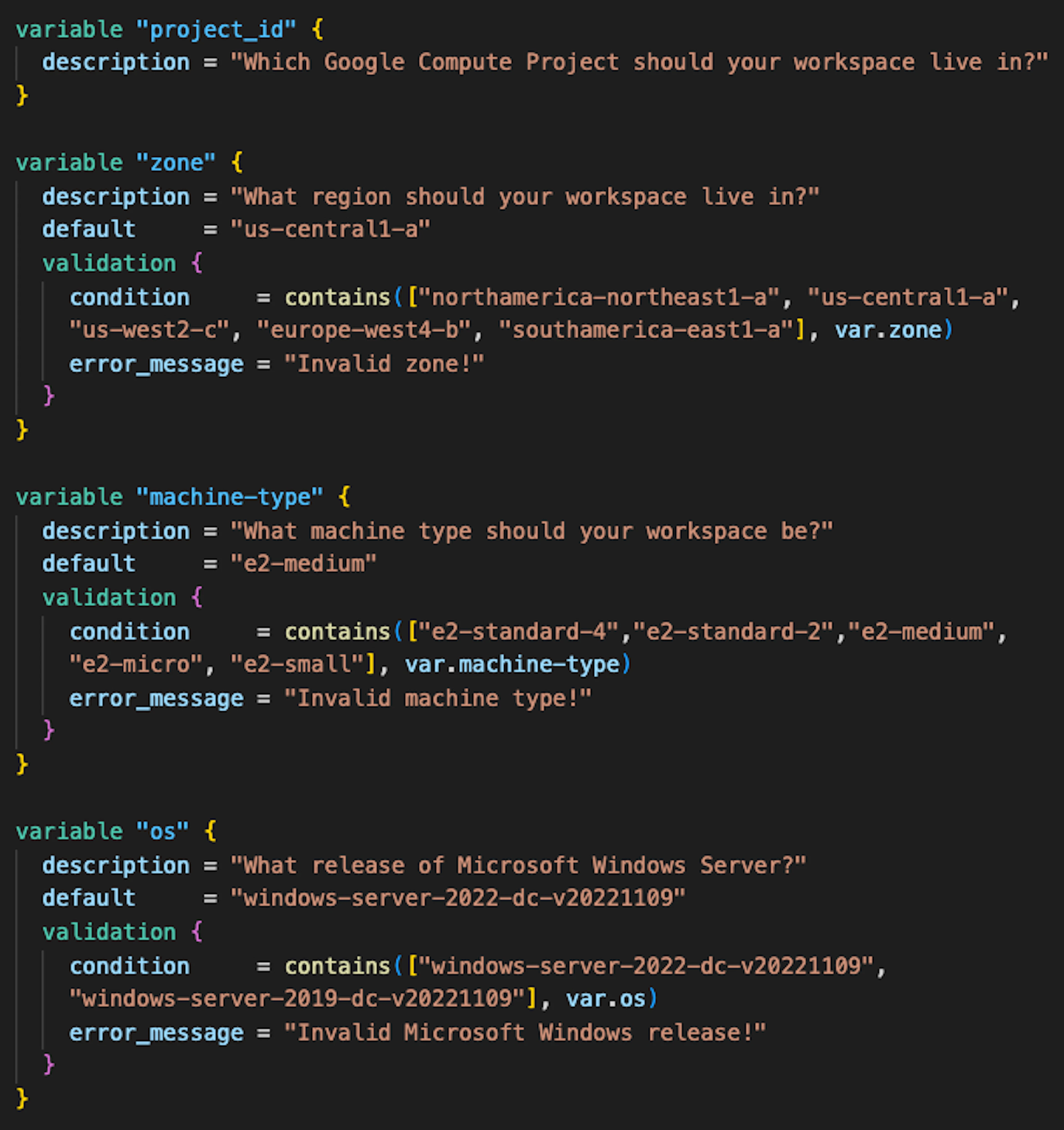 The Terraform template section for cloud, Windows and IDE inputs