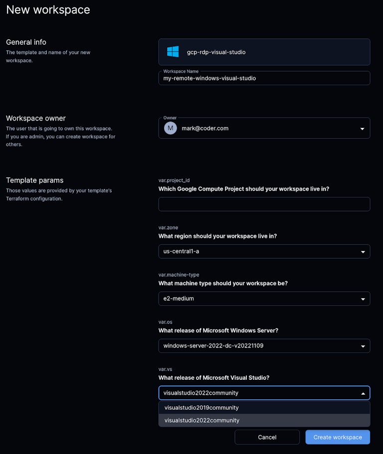 The Create Workspace UI surfacing the template input variables