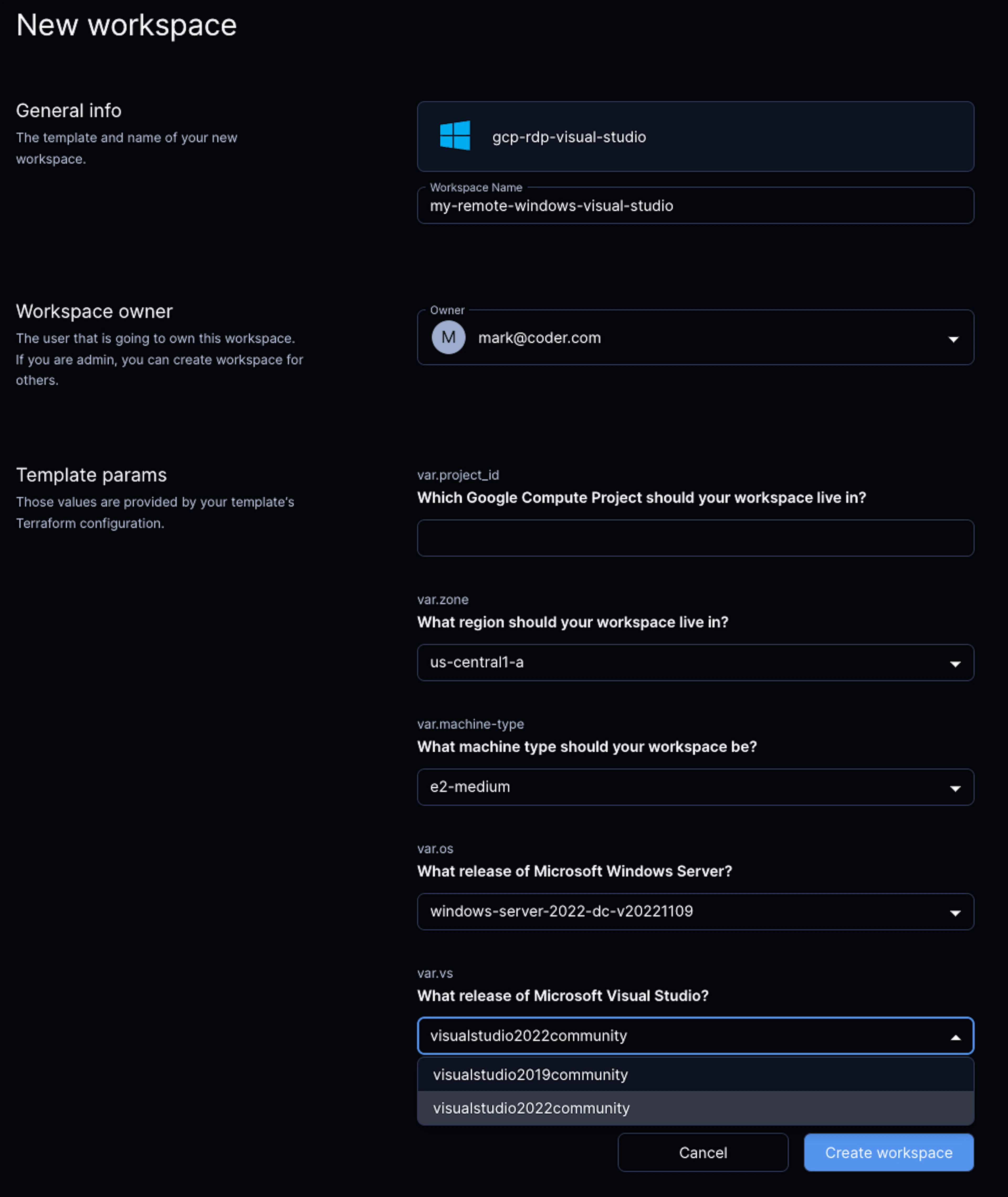 The Create Workspace UI surfacing the template input variables