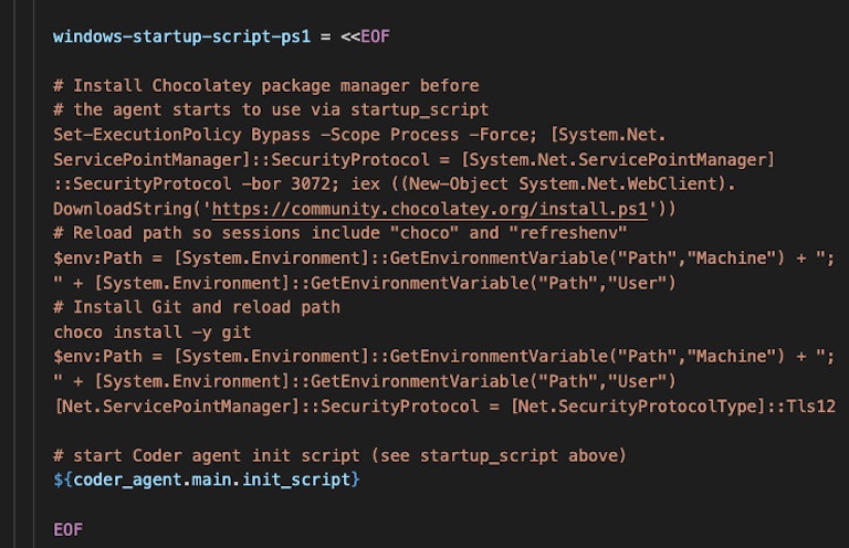 PowerShell invoked at workspace creation to add a package manager and run the Coder init_script