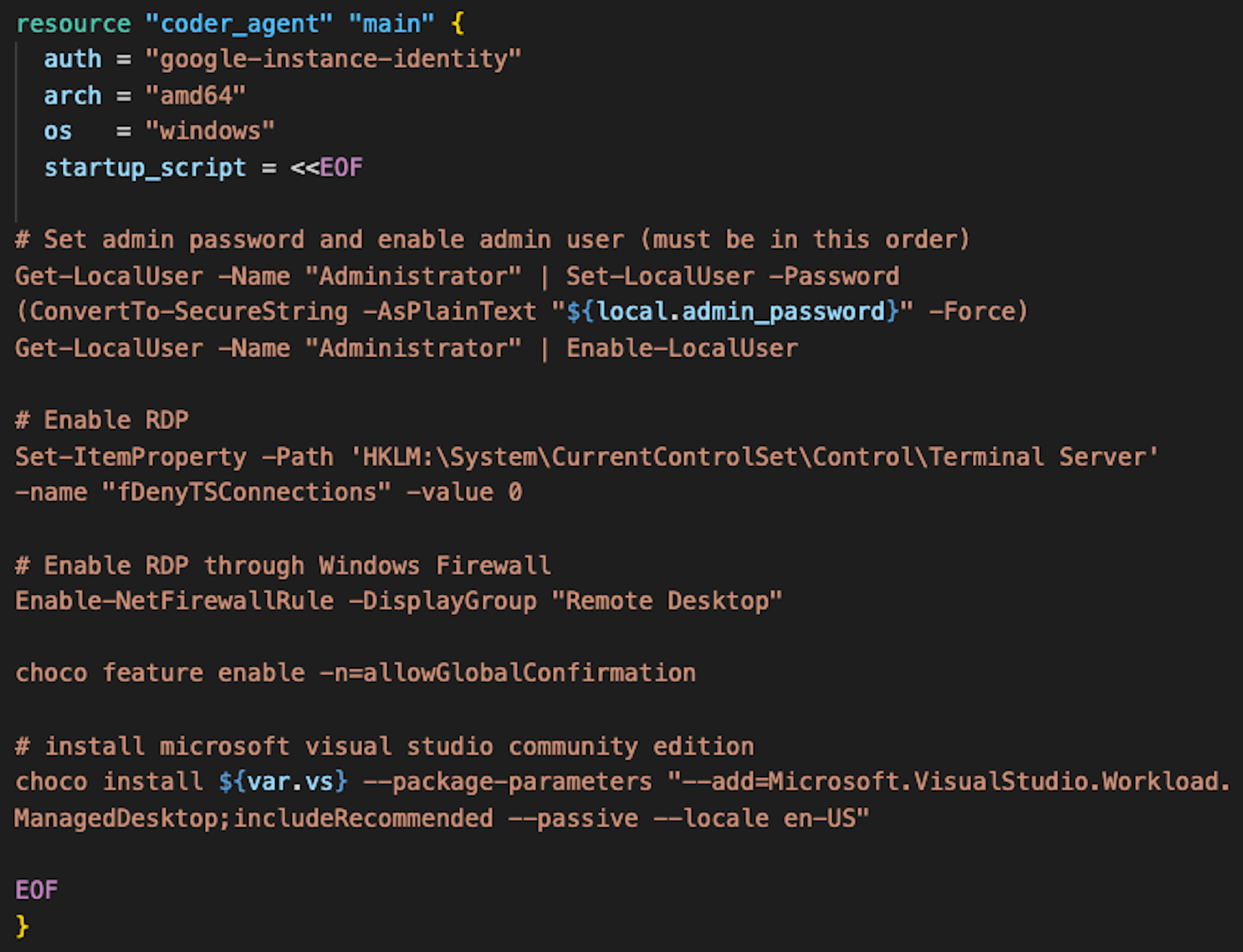 The Coder startup_script with PowerShell installing Visual Studio