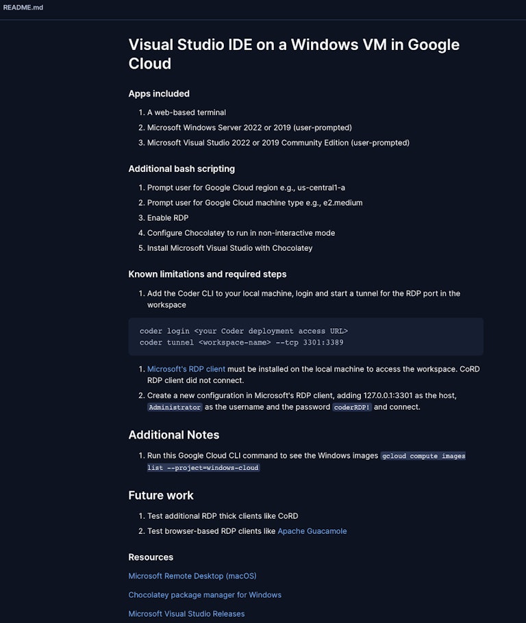 The workspace's markdown file to inform developers at workspace creation