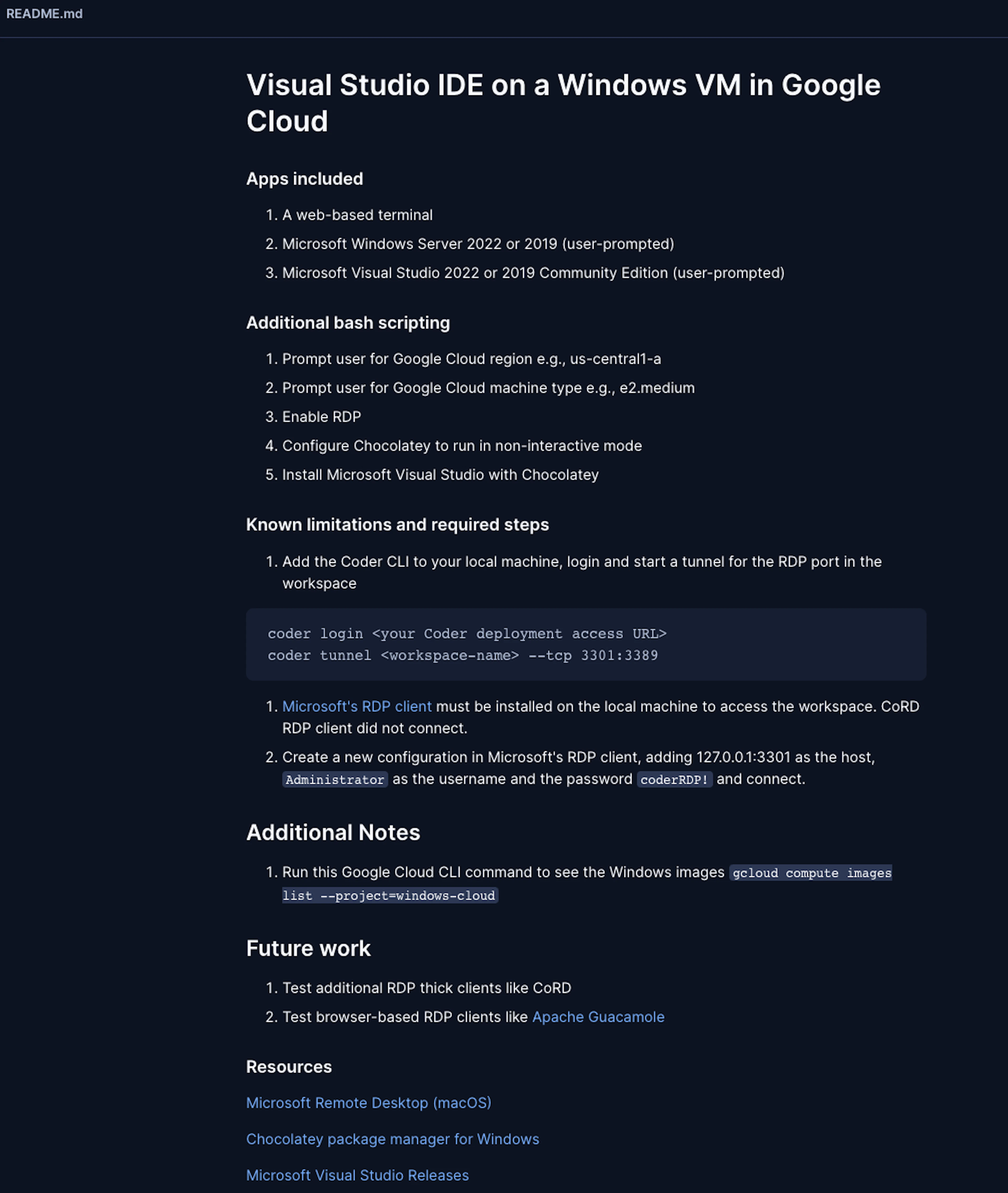 The workspace's markdown file to inform developers at workspace creation