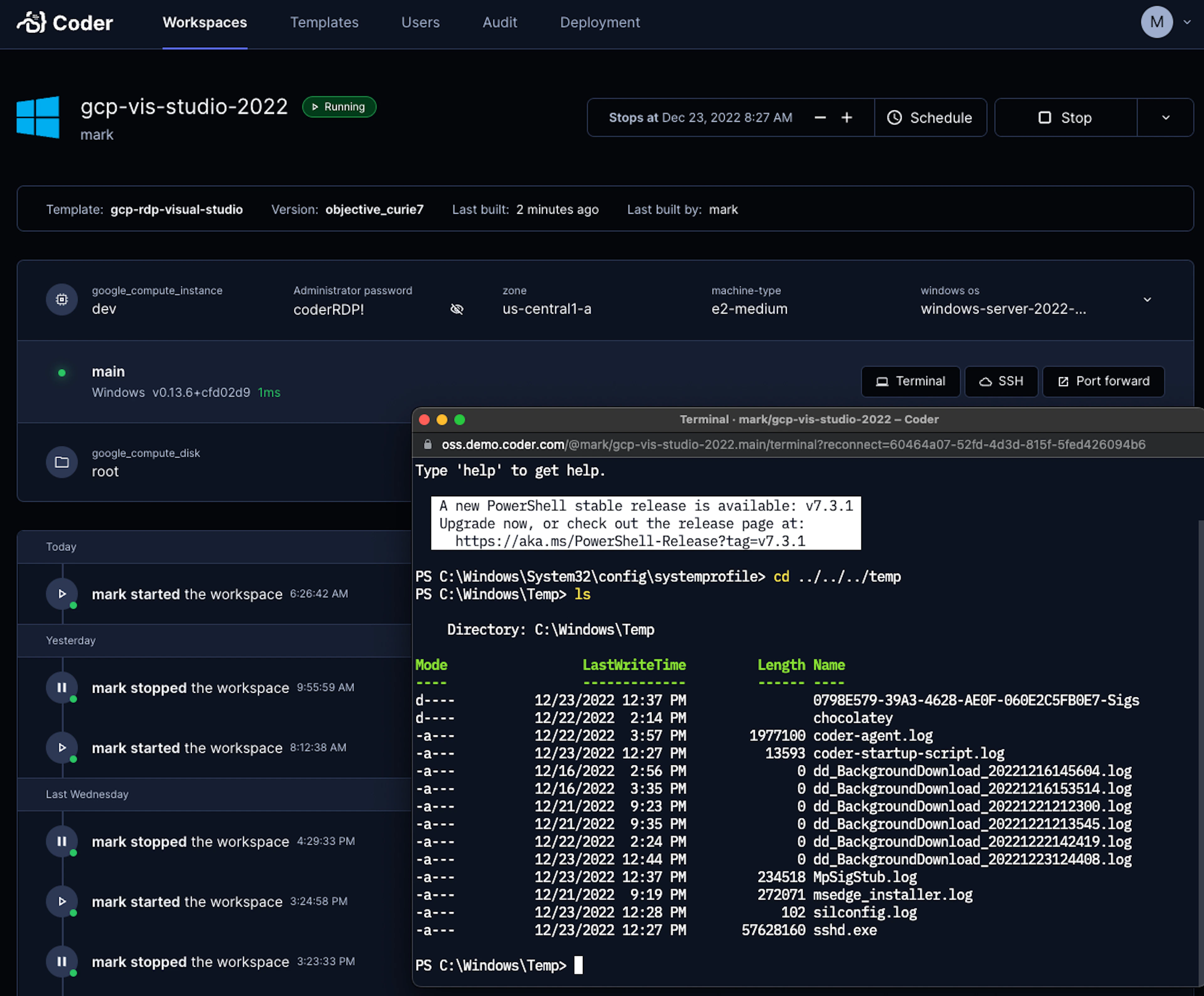 The workspace UI in Coder running PowerShell session and instantiated from the Coder Terminal button