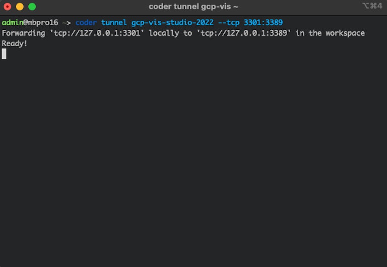 The Coder CLI invoking a subcommand to forward the workspace's RDP port to a different local port