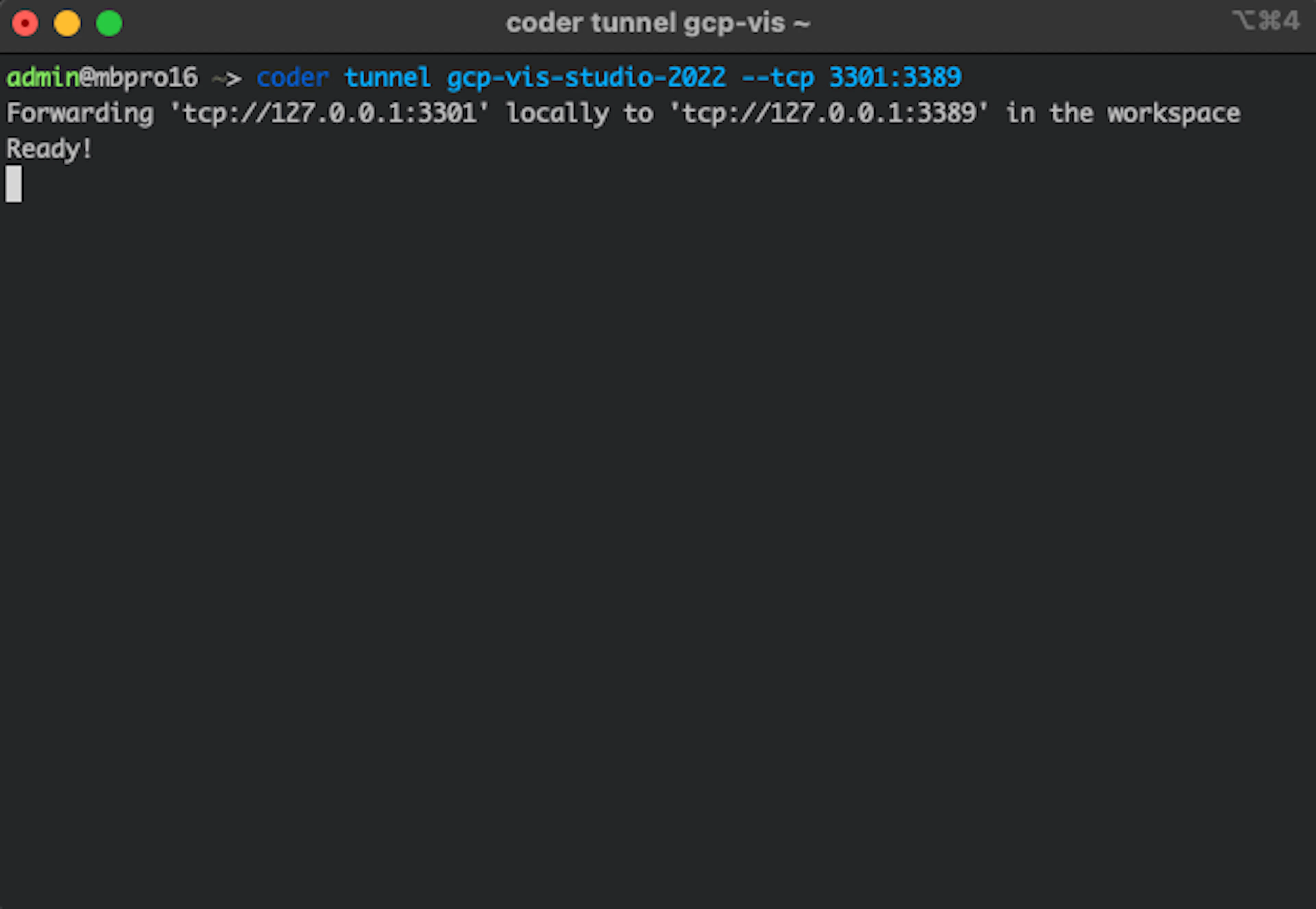 The Coder CLI invoking a subcommand to forward the workspace's RDP port to a different local port