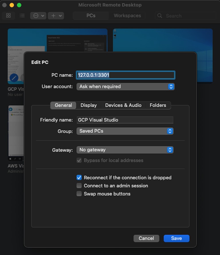 The Microsoft RDP client with the forwarded port on localhost for remotely accessing the Coder workspace