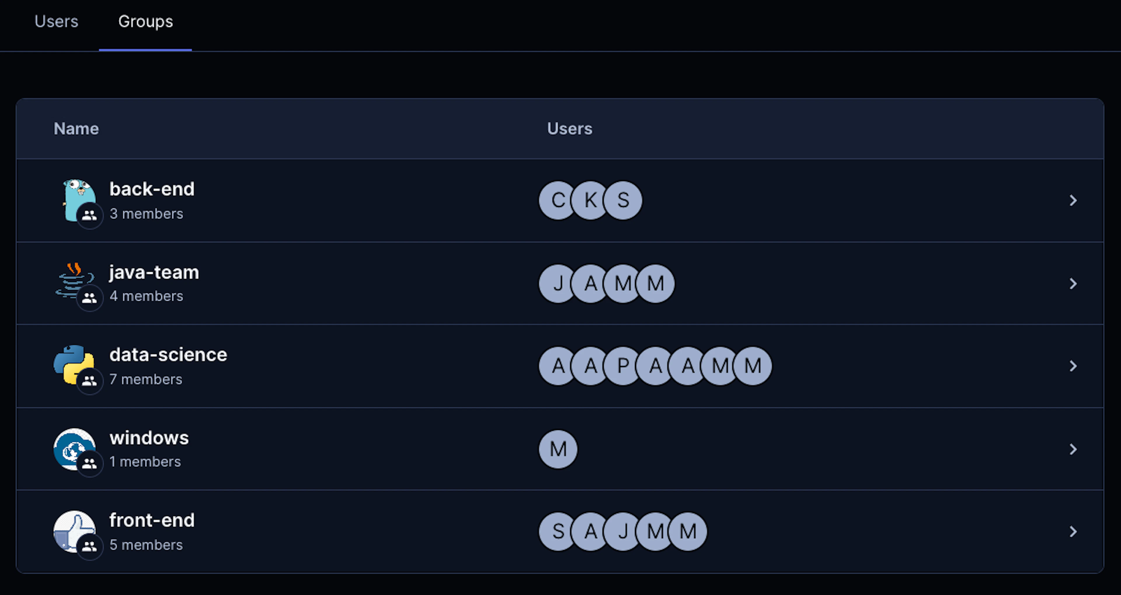 Several groups in Coder with personalized icons