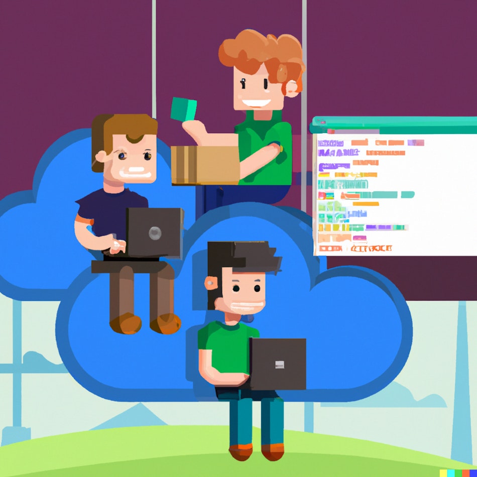 DALL E 2 - Software developers using VS Code to connect to cloud development environments pixel art
