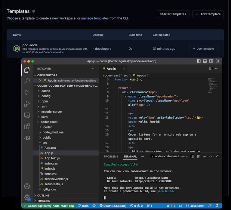 A local VS Code IDE connected to a remote Coder workspace running a Node React application