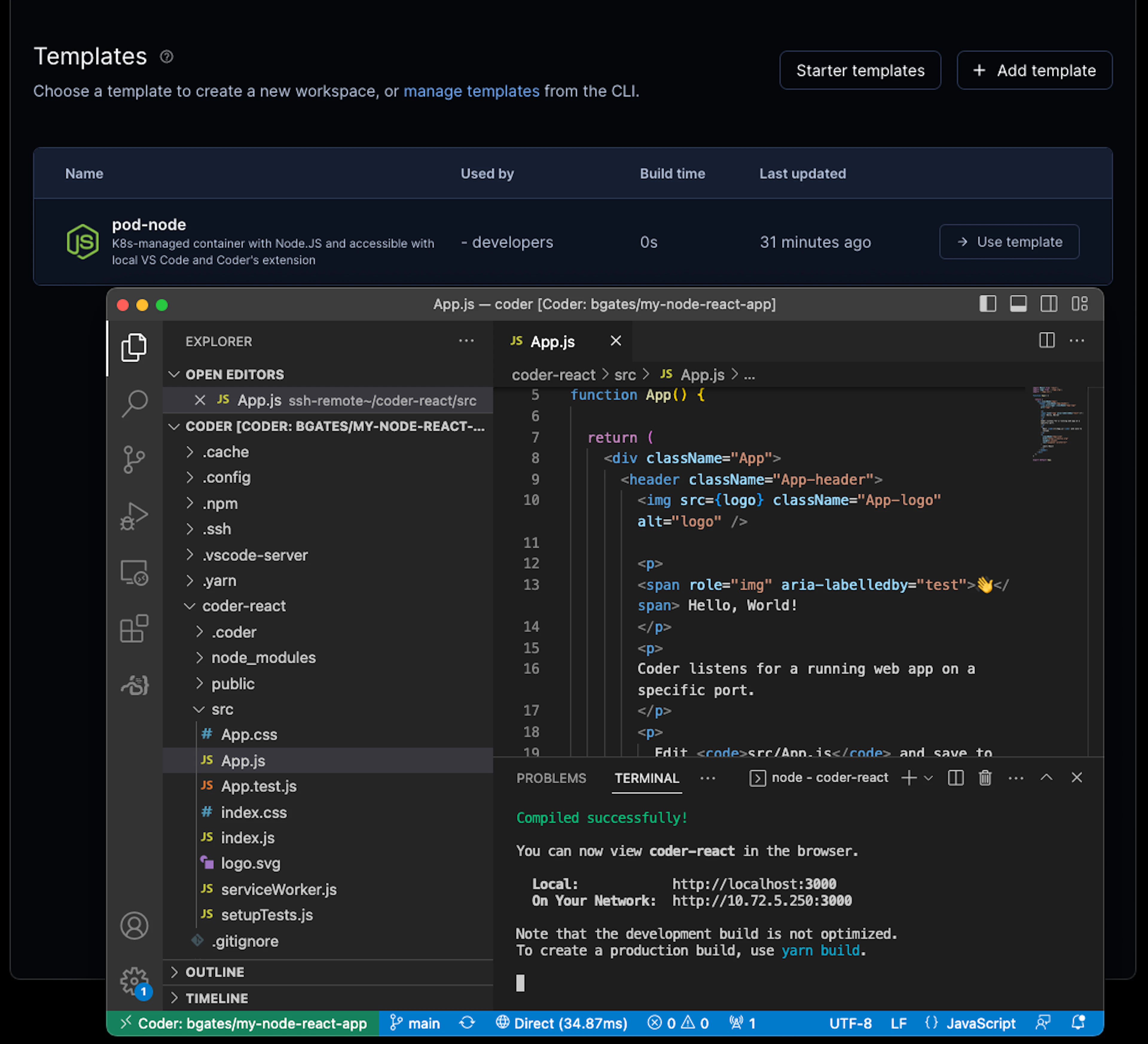 A local VS Code IDE connected to a remote Coder workspace running a Node React application