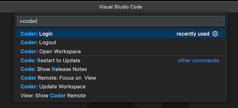 Available Coder commands from the VS Code Command Palette