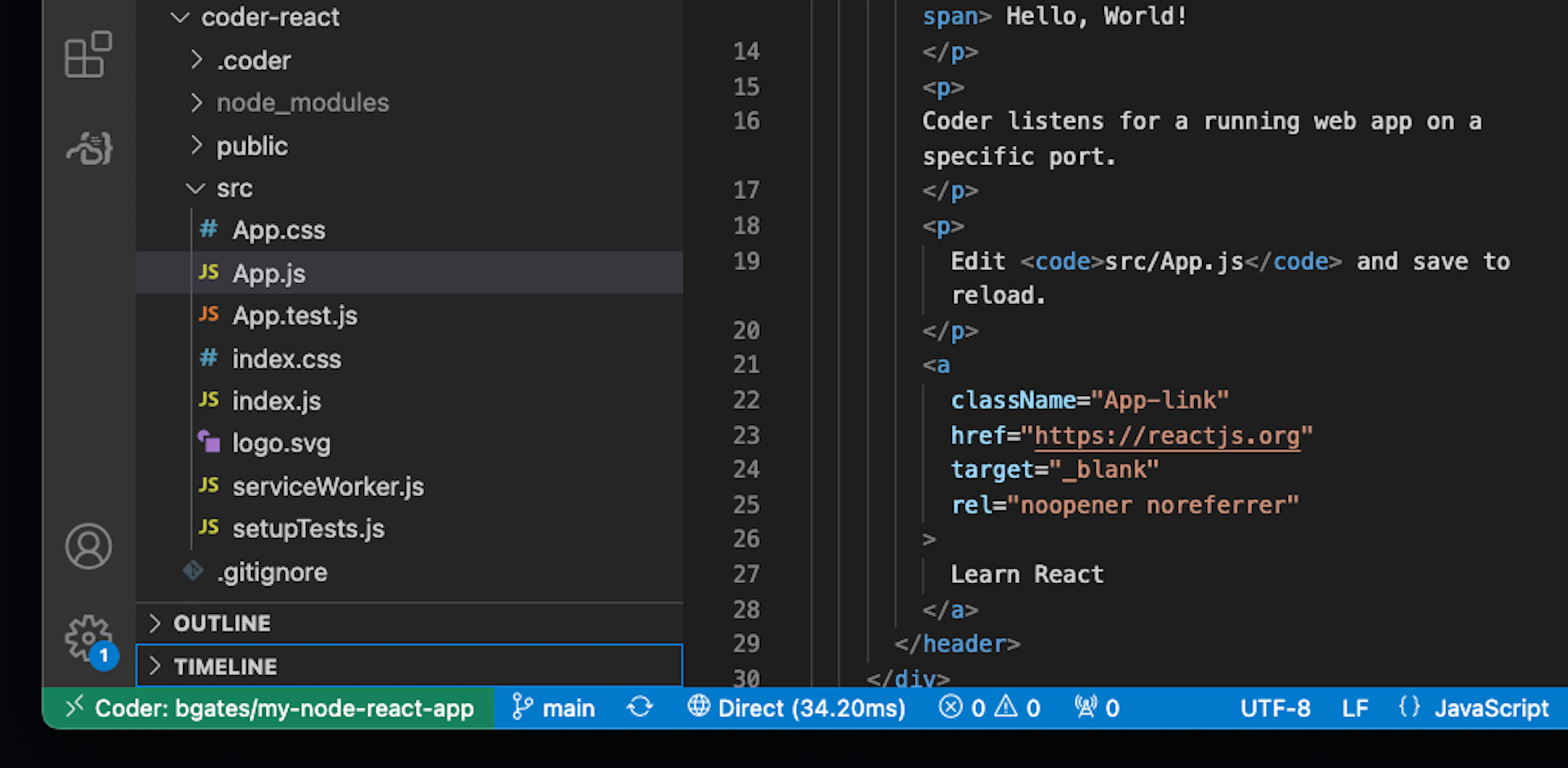 A local VS Code IDE connected to a remote Coder workspace designated in the green box with connection latency metrics
