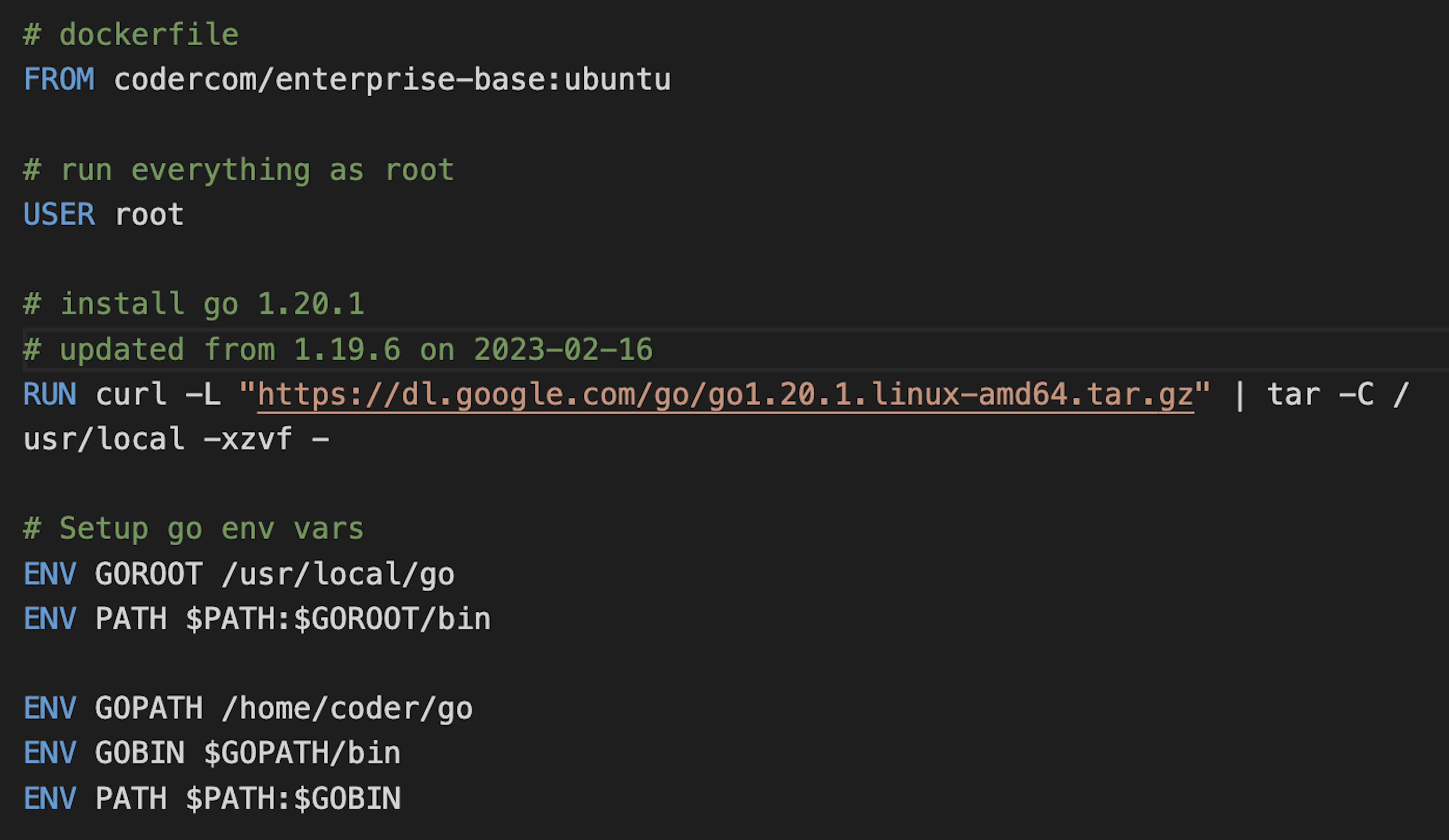 Update the Go version in the container image's Dockerfile