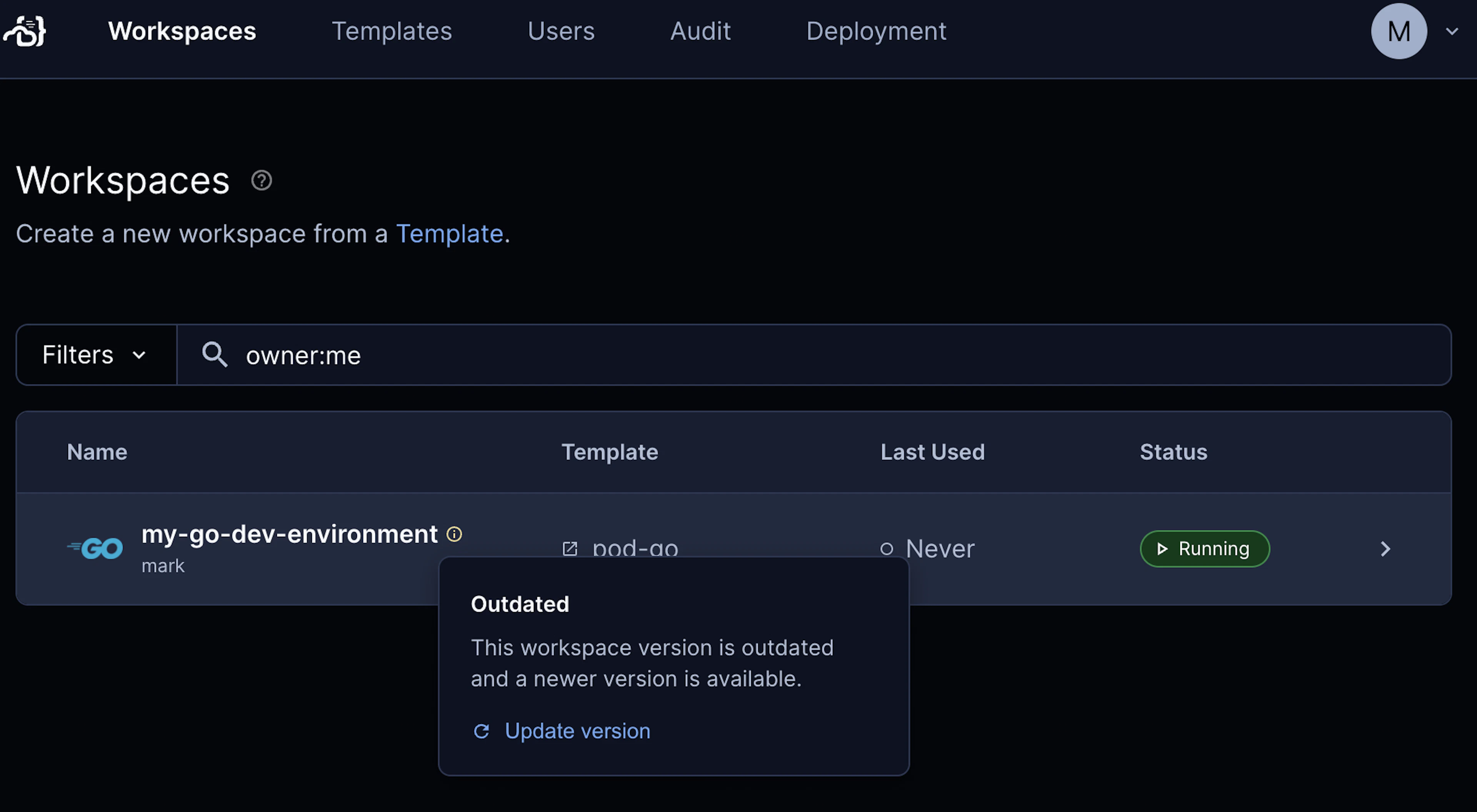 The developer is notified that their Go workspace is out of date