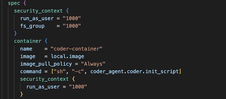 The Coder template's Kubernetes pod spec is configured to always check if the image has changed, in case the updated Go image used the same tag