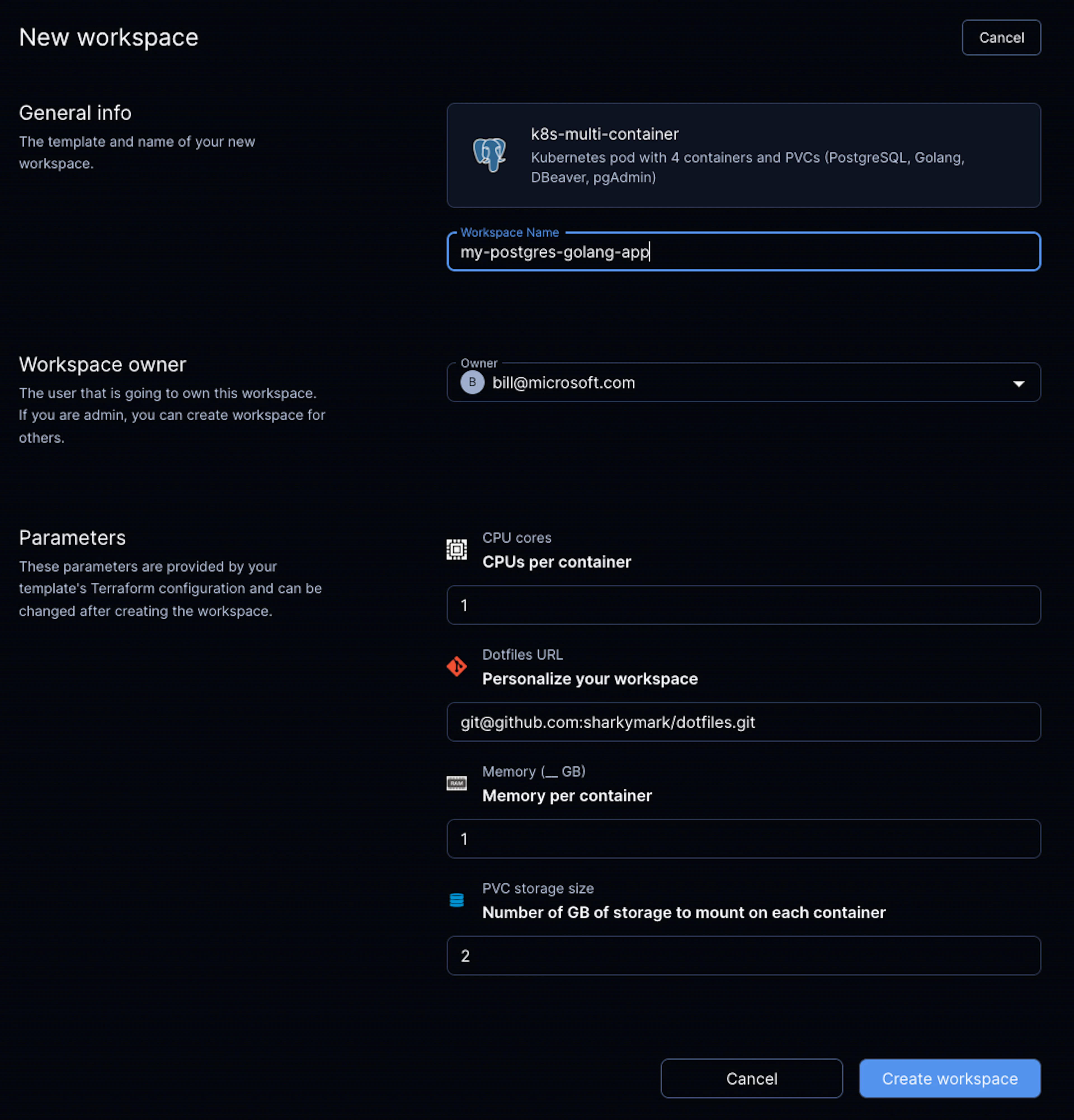 Caption: Creating a new workspace with a 4 container template on Kubernetes