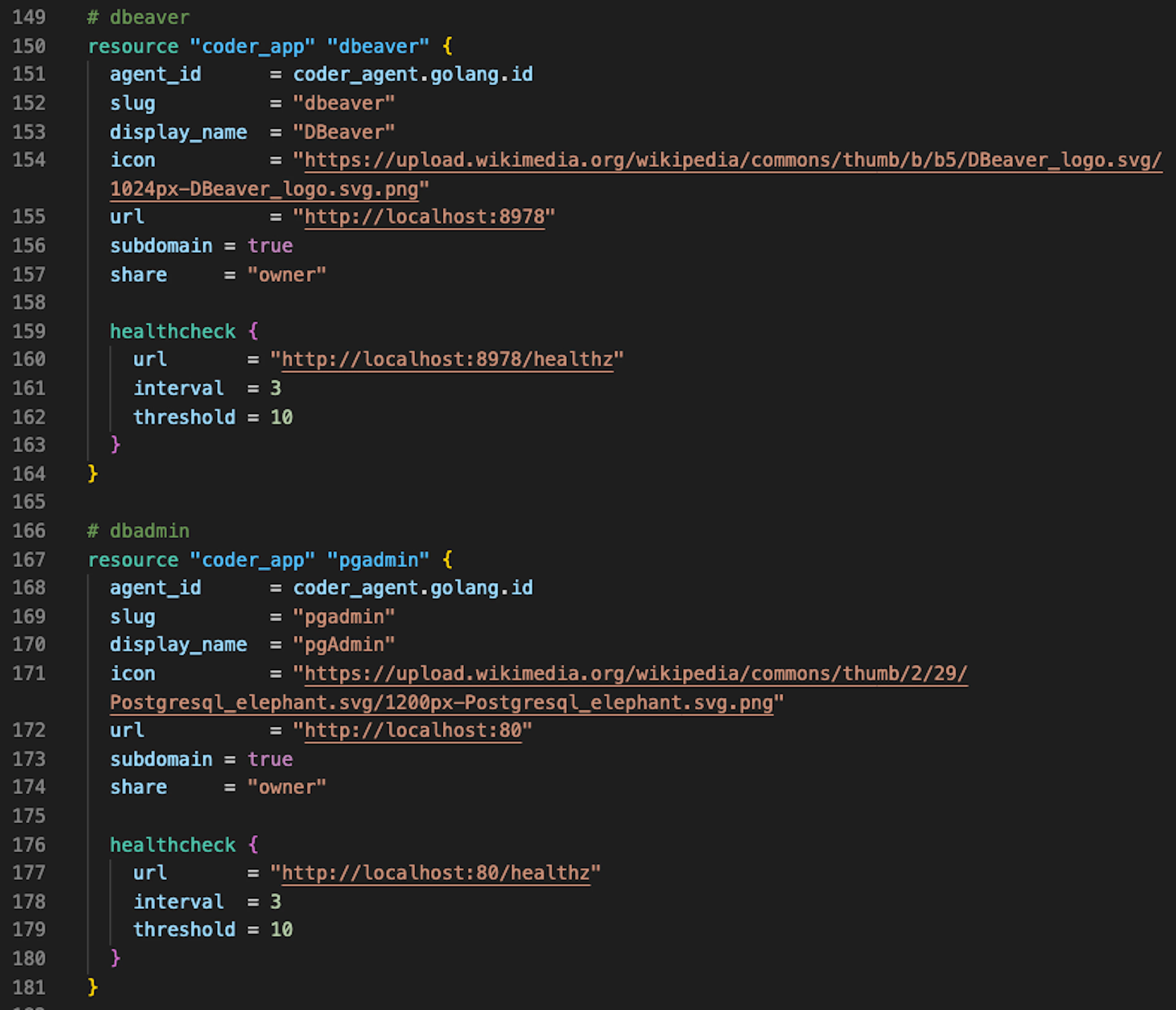 Caption: The template's Terraform defining the DBeaver and pgAdmin application icons