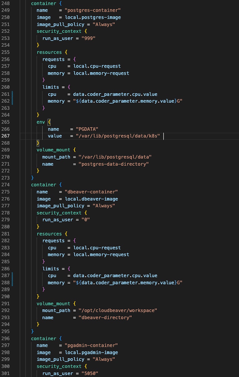 Caption: The template's Terraform defining the containers and UIDs in the Kubernetes pod spec