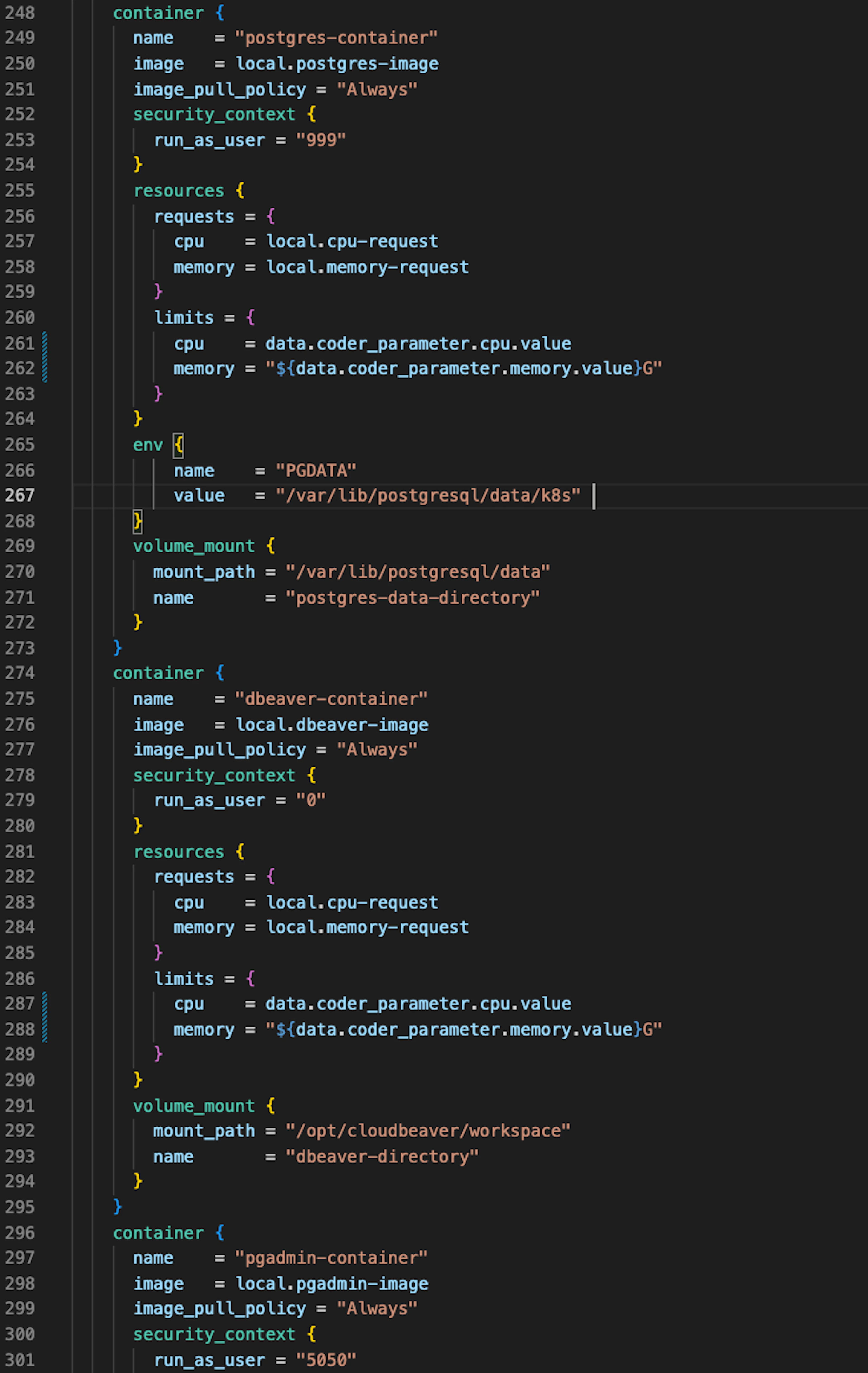 Caption: The template's Terraform defining the containers and UIDs in the Kubernetes pod spec
