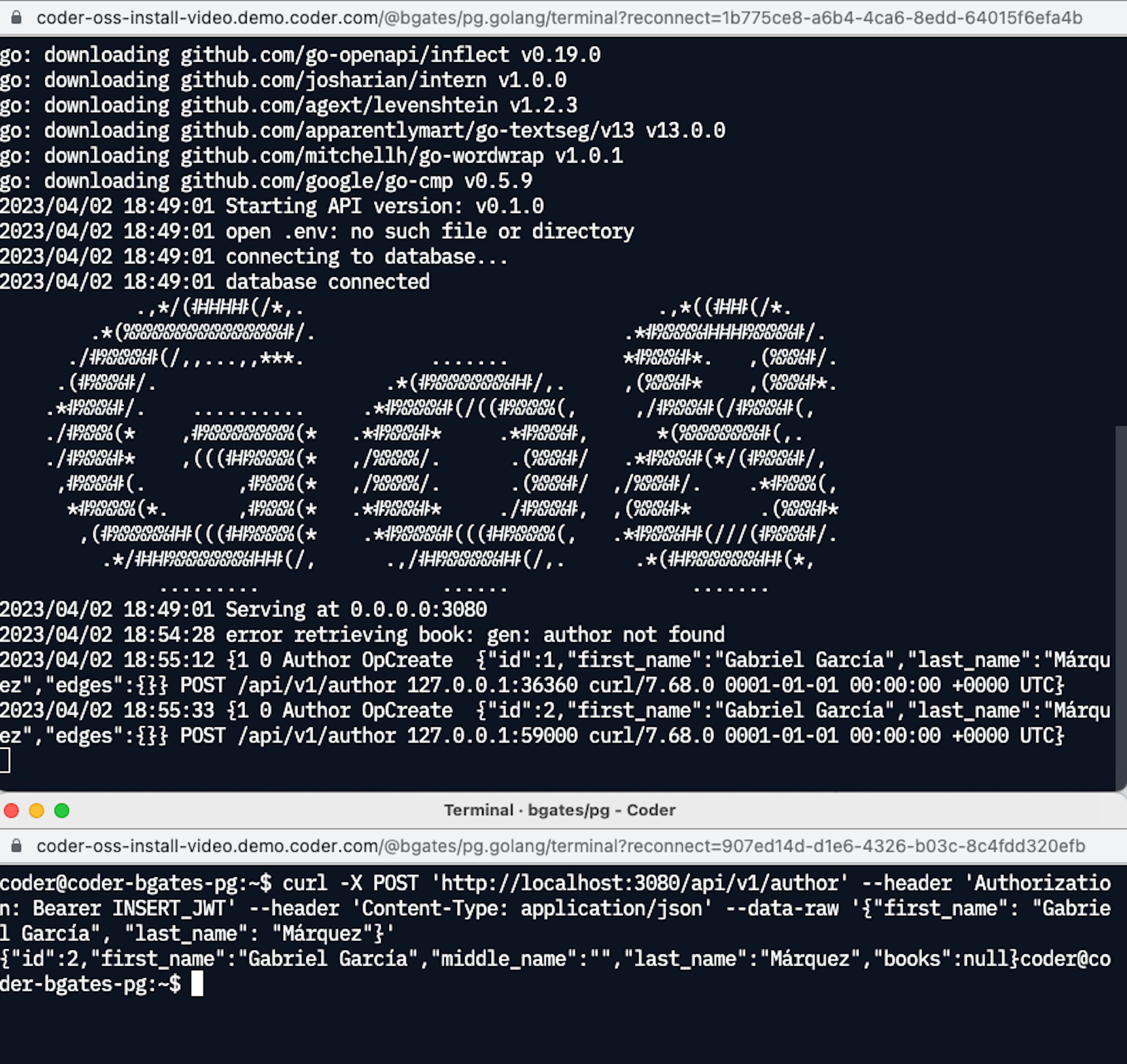 Caption: Starting the Golang server and retrieving a row from the authors table