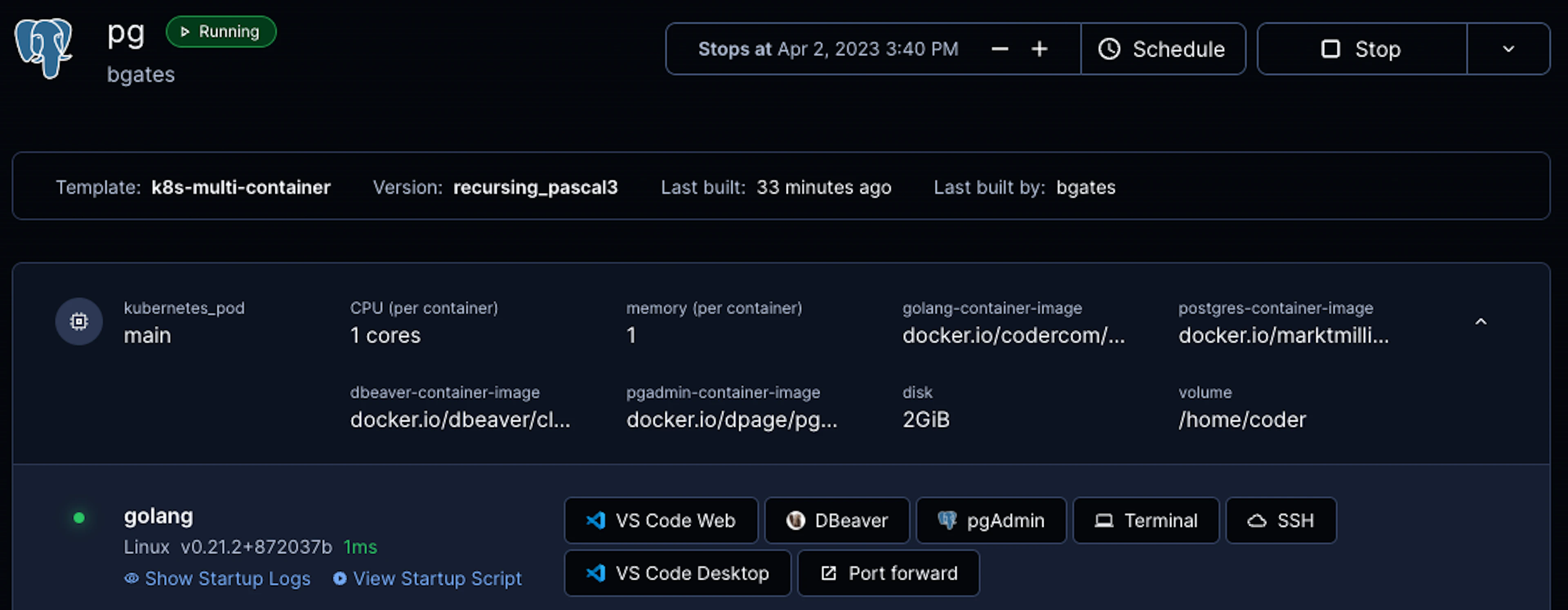 Caption: A running Coder workspace as a Kubernetes pod and 4 containers for Golang, PostgreSQL, DBeaver and pgAdmin