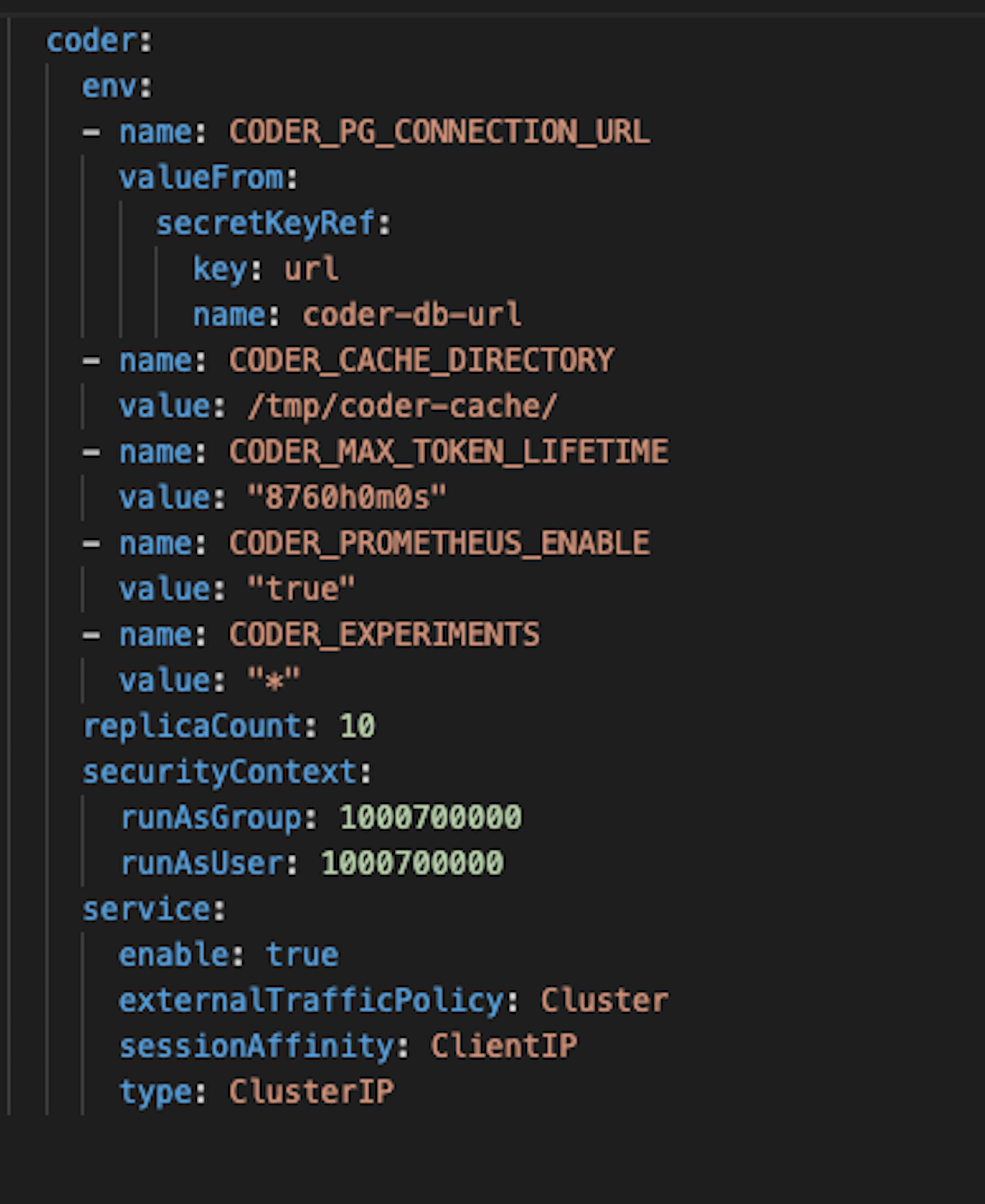 Coder's Helm values.yaml file specifying the OpenShift Project's UID and GID