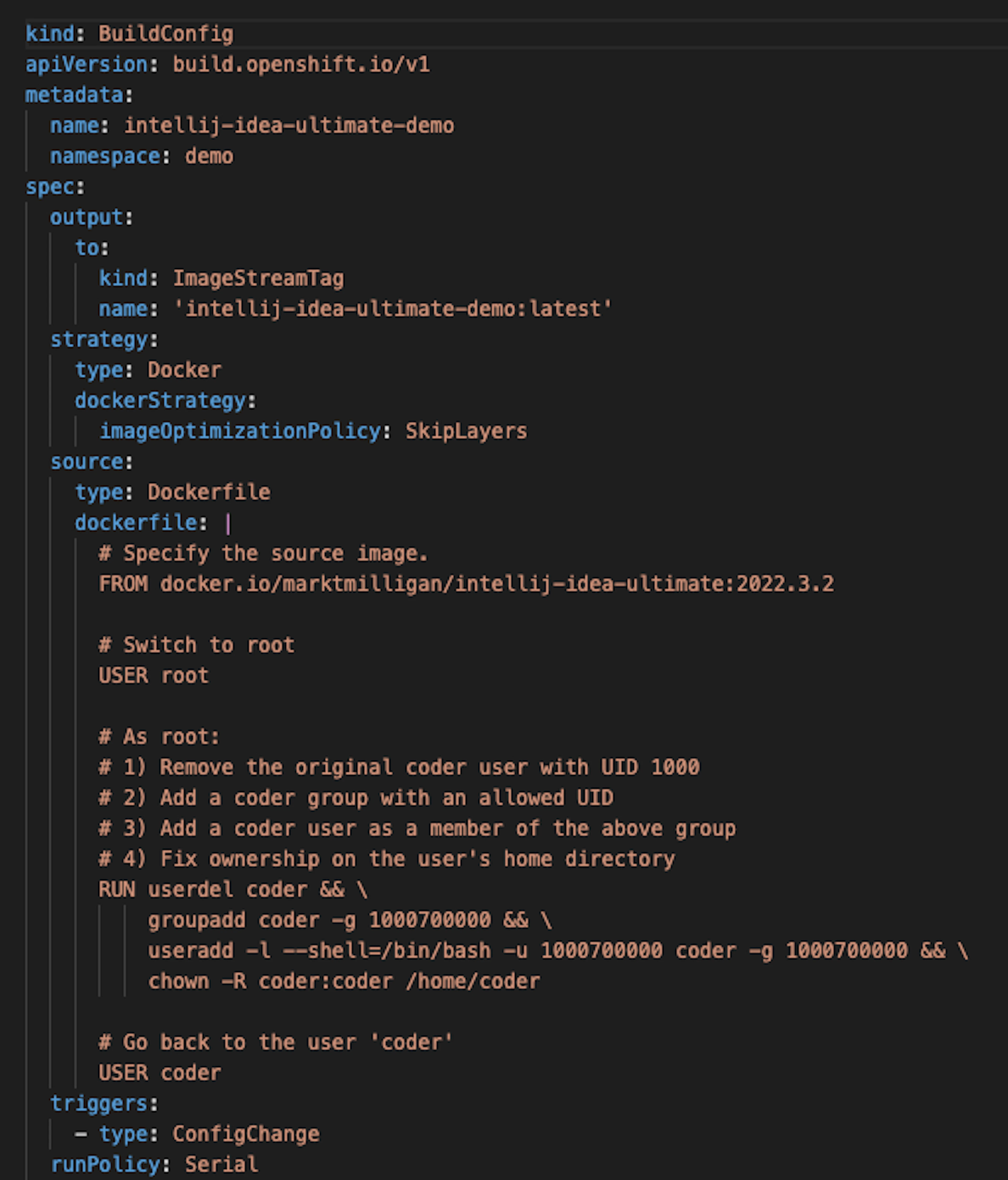 An OpenShift BuildConfig to-build a container image with the Project's UID and GID
