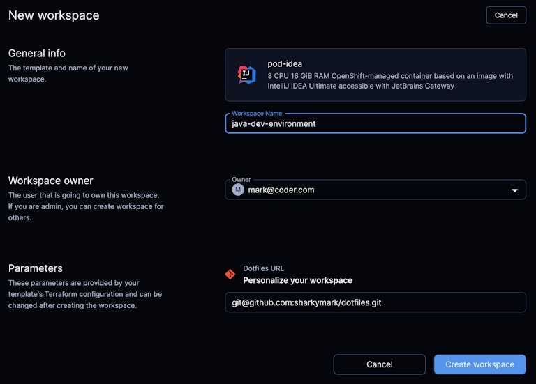 A developer creating a development environment as a 8 CPU 16GiB RAM pod and container on OpenShift