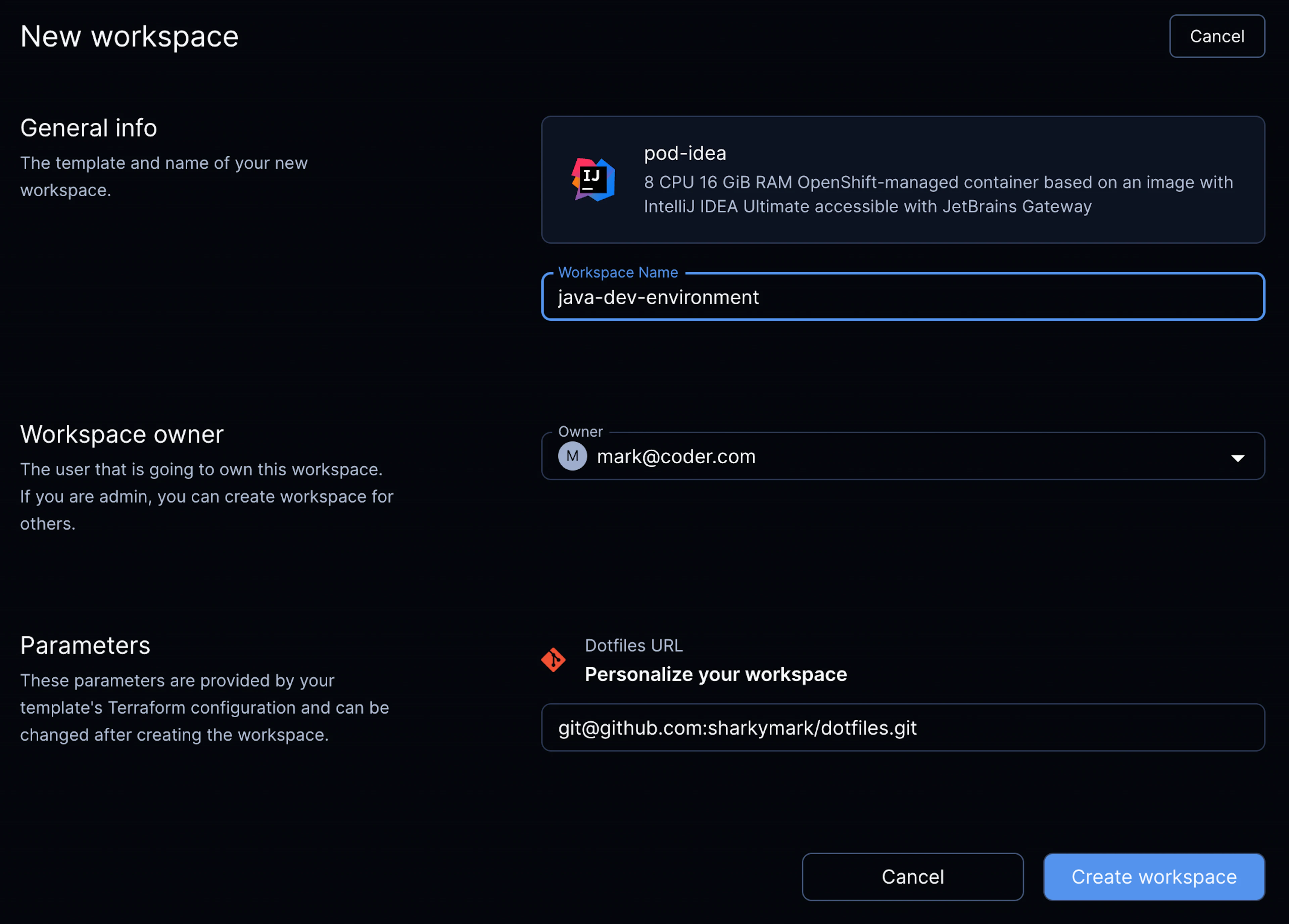 A developer creating a development environment as a 8 CPU 16GiB RAM pod and container on OpenShift