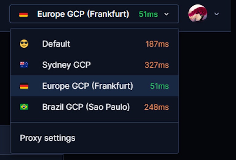 dropdown showing workspace proxies and their latencies