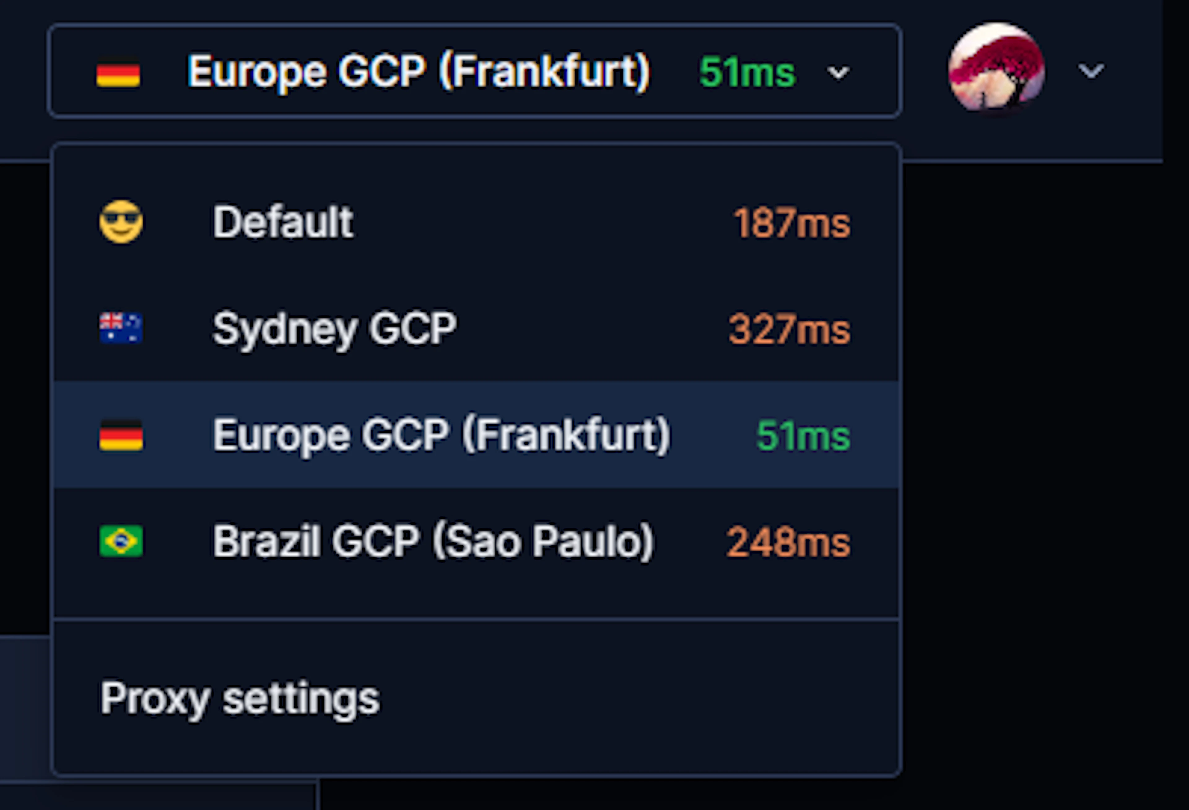 dropdown showing workspace proxies and their latencies